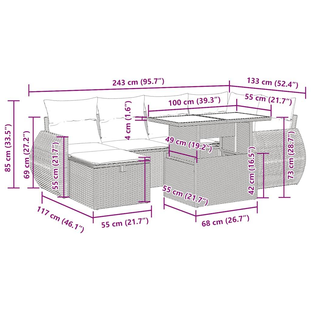 vidaXL 7-tlg. Garten-Sofagarnitur mit Kissen Schwarz Poly Rattan