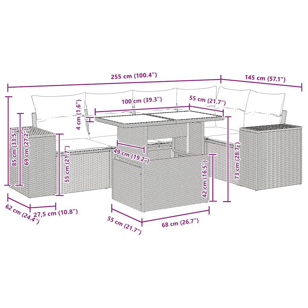 vidaXL 6-tlg. Garten-Sofagarnitur mit Kissen Braun Poly Rattan Akazie