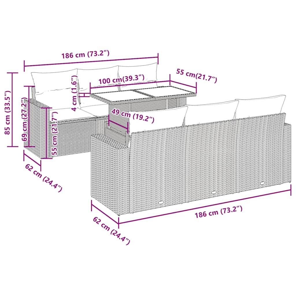 vidaXL 7-tlg. Garten-Sofagarnitur mit Kissen Schwarz Poly Rattan
