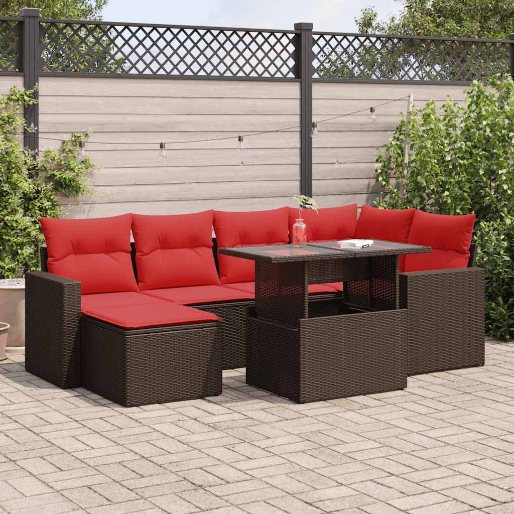 vidaXL 7-tlg. Garten-Sofagarnitur mit Kissen Braun Poly Rattan Akazie