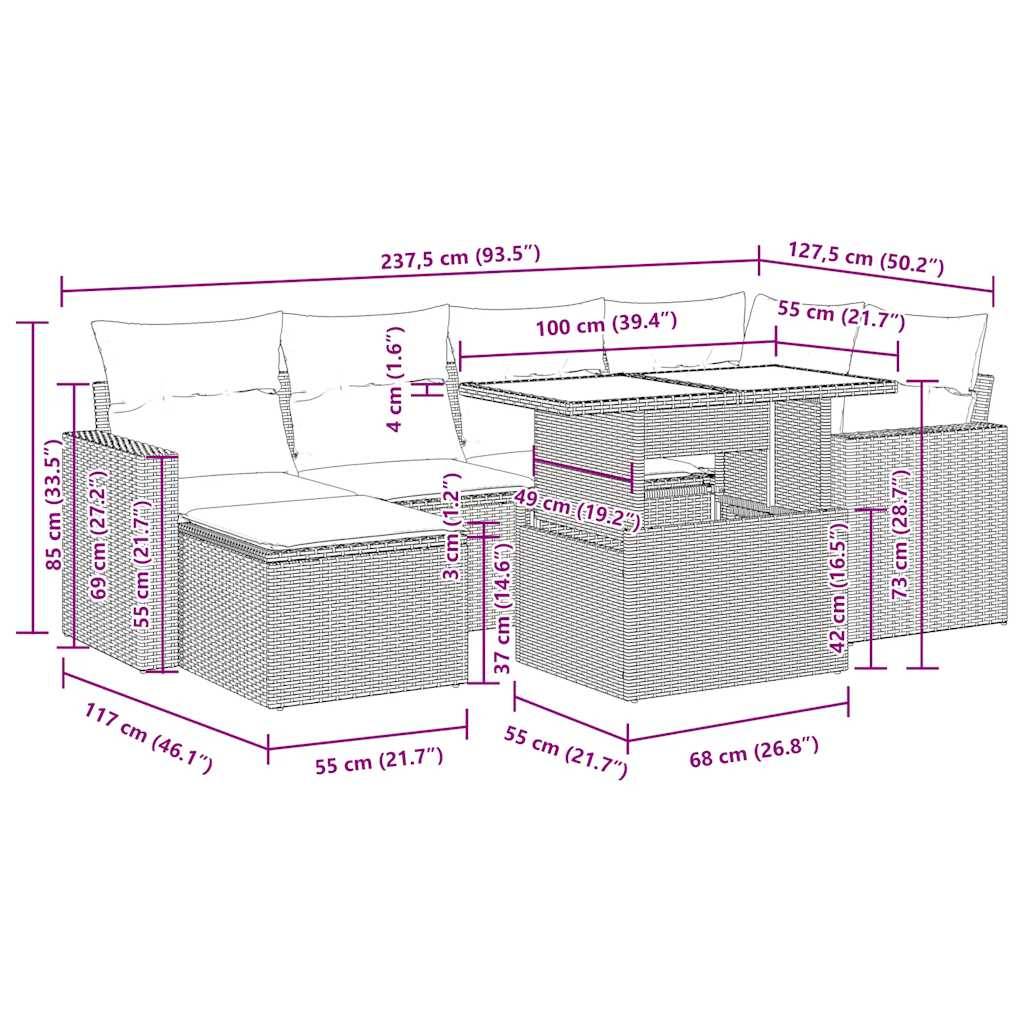 vidaXL 7-tlg. Garten-Sofagarnitur mit Kissen Braun Poly Rattan Akazie