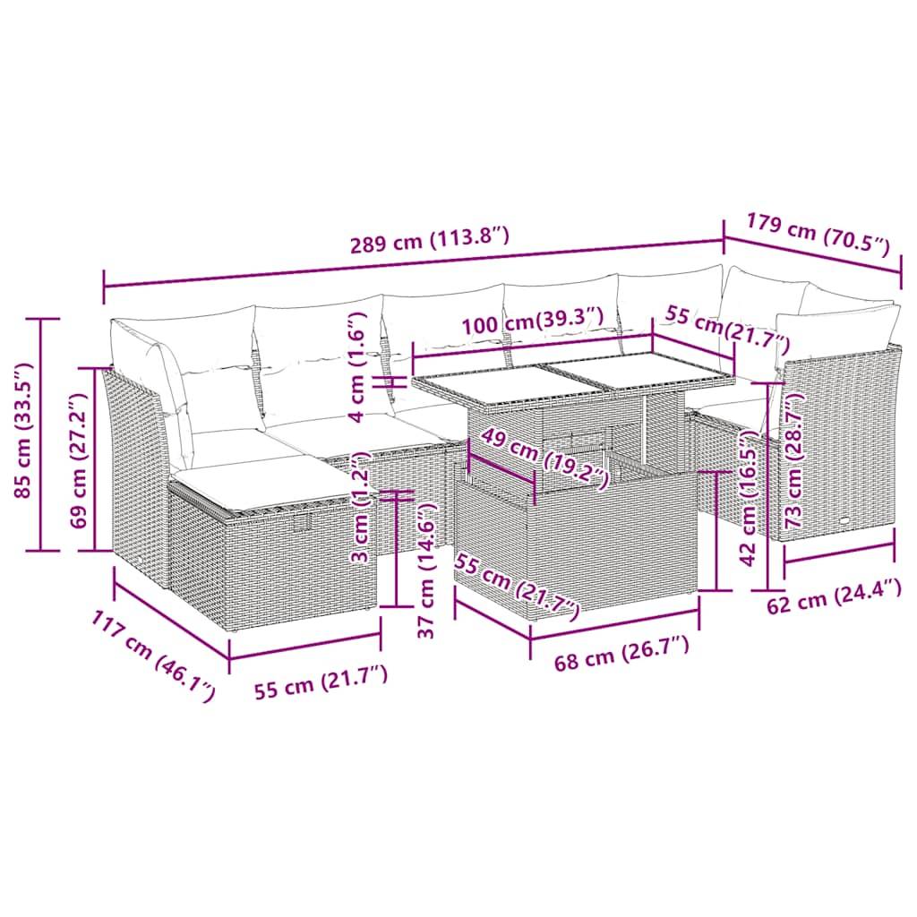 vidaXL 8-tlg. Garten-Sofagarnitur mit Kissen Braun Poly Rattan Akazie