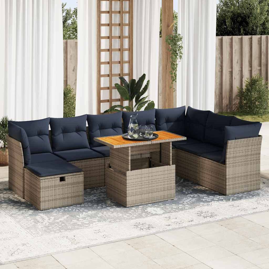 vidaXL 9-tlg. Garten-Sofagarnitur mit Kissen Braun Poly Rattan Akazie