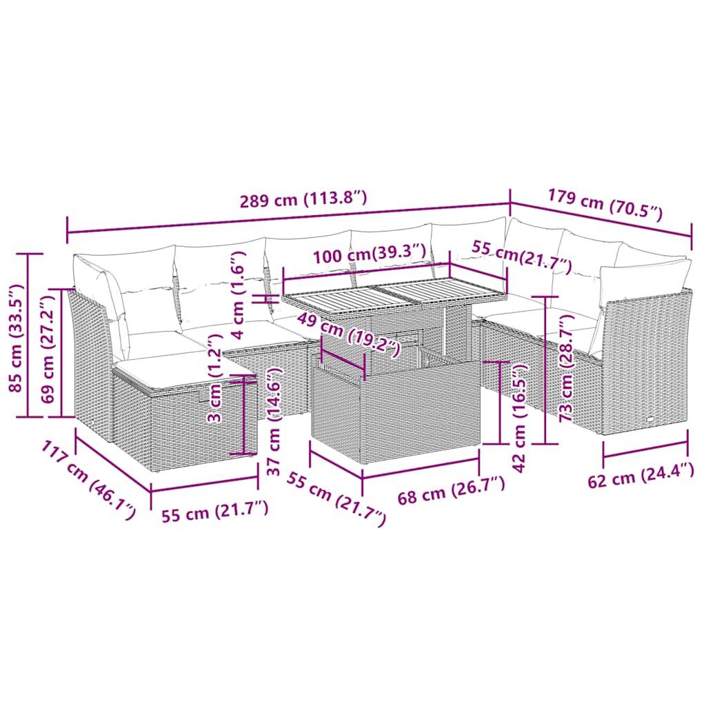 vidaXL 9-tlg. Garten-Sofagarnitur mit Kissen Braun Poly Rattan Akazie