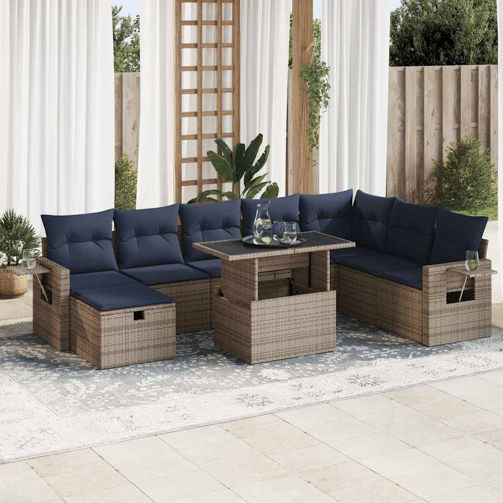 vidaXL 9-tlg. Garten-Sofagarnitur mit Kissen Braun Poly Rattan Akazie