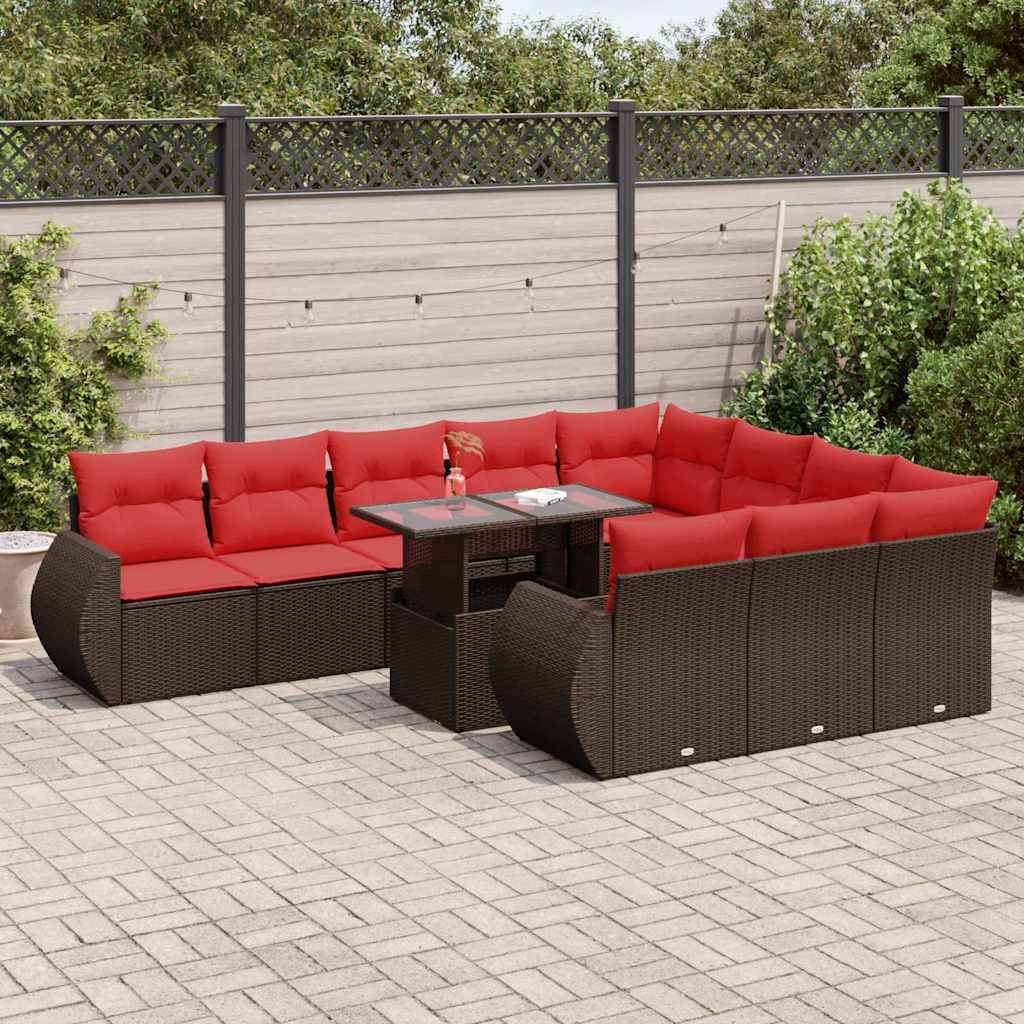 vidaXL 11-tlg. Garten-Sofagarnitur mit Kissen Braun Poly Rattan Akazie