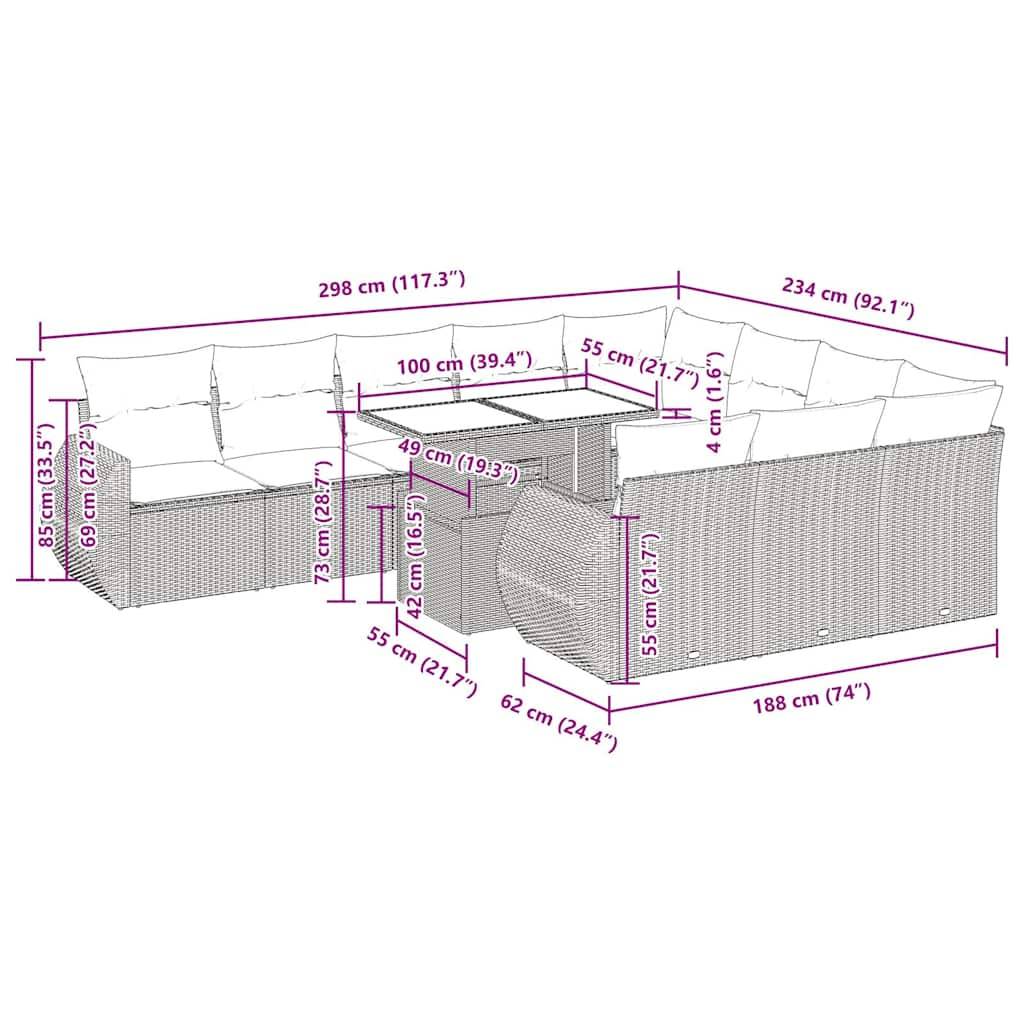 vidaXL 11-tlg. Garten-Sofagarnitur mit Kissen Braun Poly Rattan Akazie
