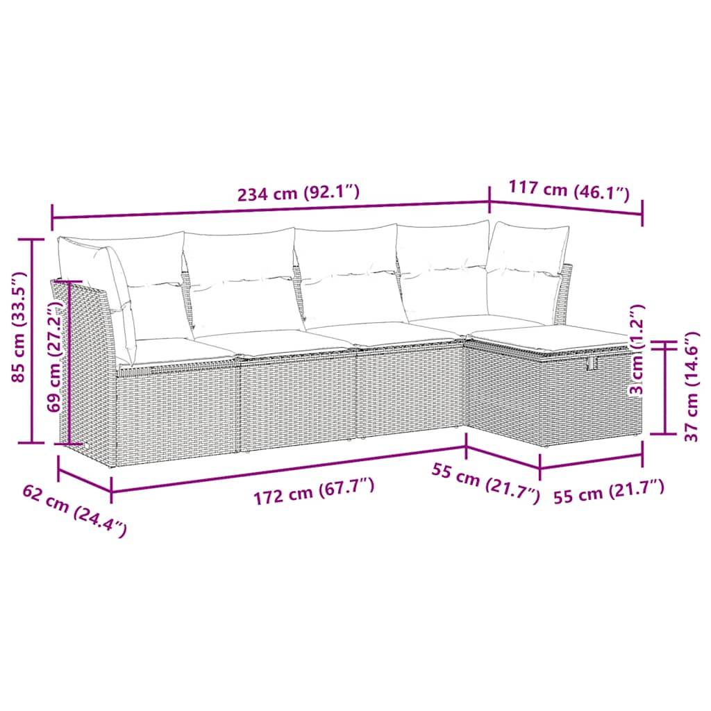 vidaXL 5-tlg. Garten-Sofagarnitur mit Kissen Braun Poly Rattan