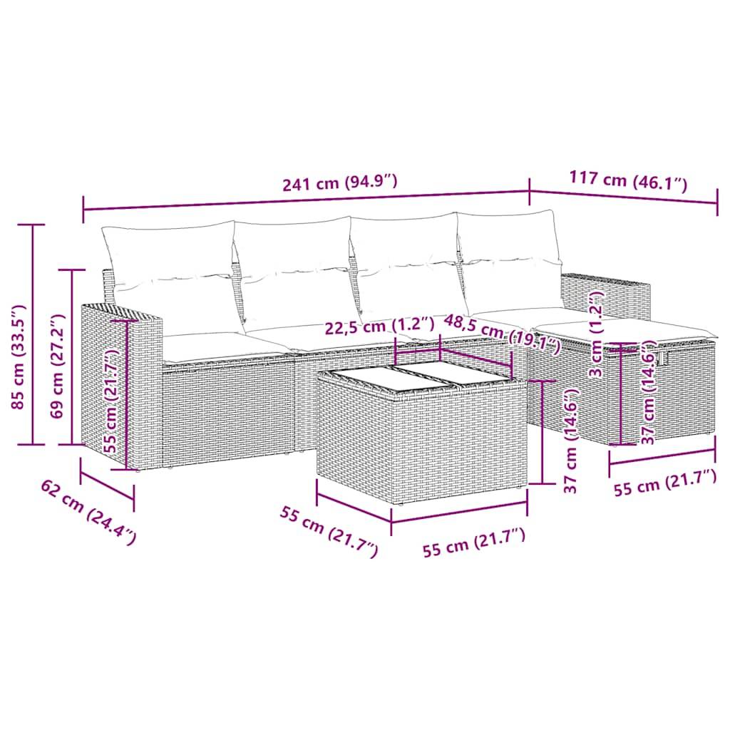 vidaXL 6-tlg. Garten-Sofagarnitur mit Kissen Grau Poly Rattan