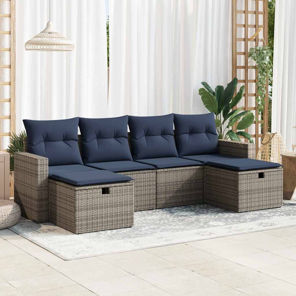 vidaXL 6-tlg. Garten-Sofagarnitur mit Kissen Grau Poly Rattan