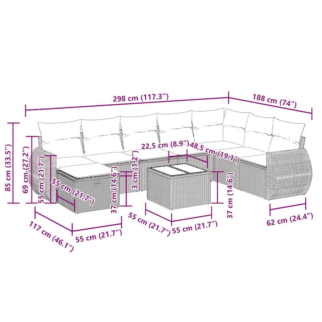 vidaXL 9-tlg. Garten-Sofagarnitur mit Kissen Grau Poly Rattan