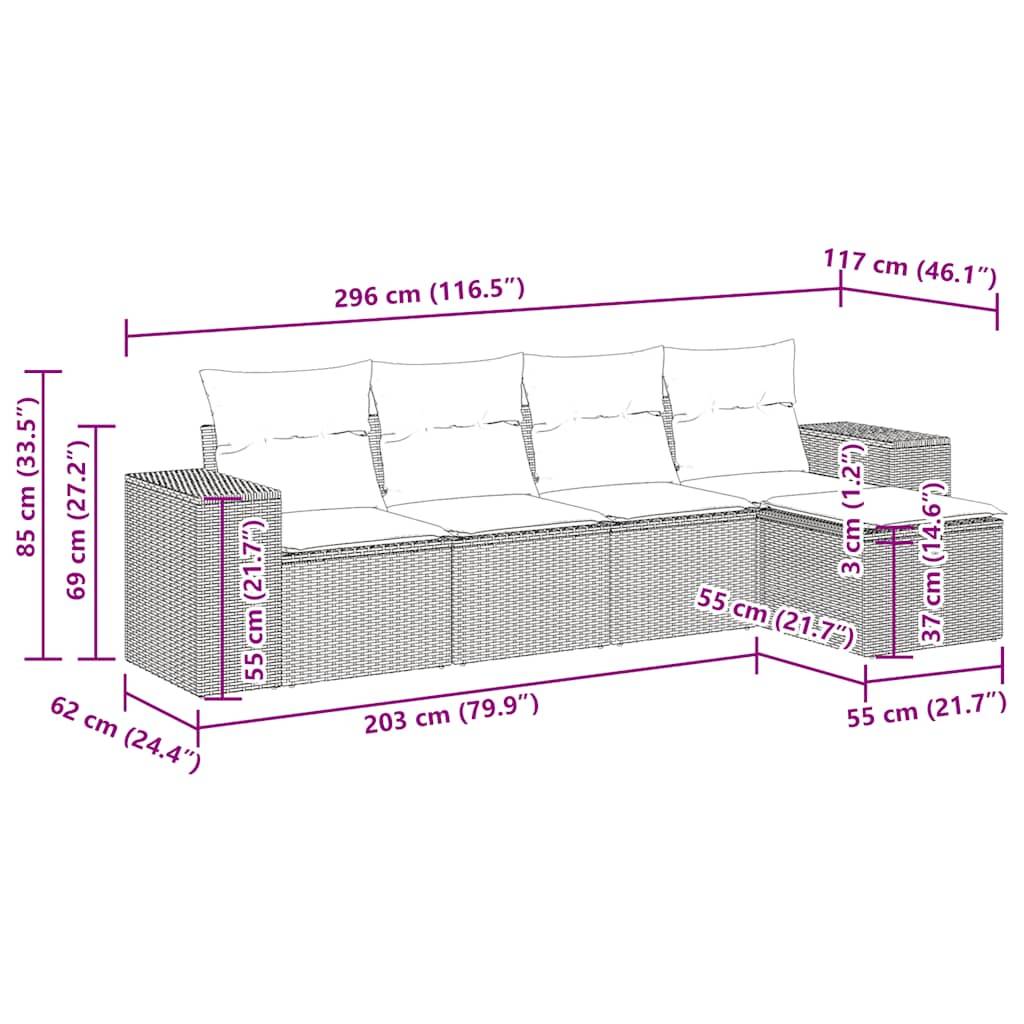 vidaXL 5-tlg. Garten-Sofagarnitur mit Kissen Braun Poly Rattan