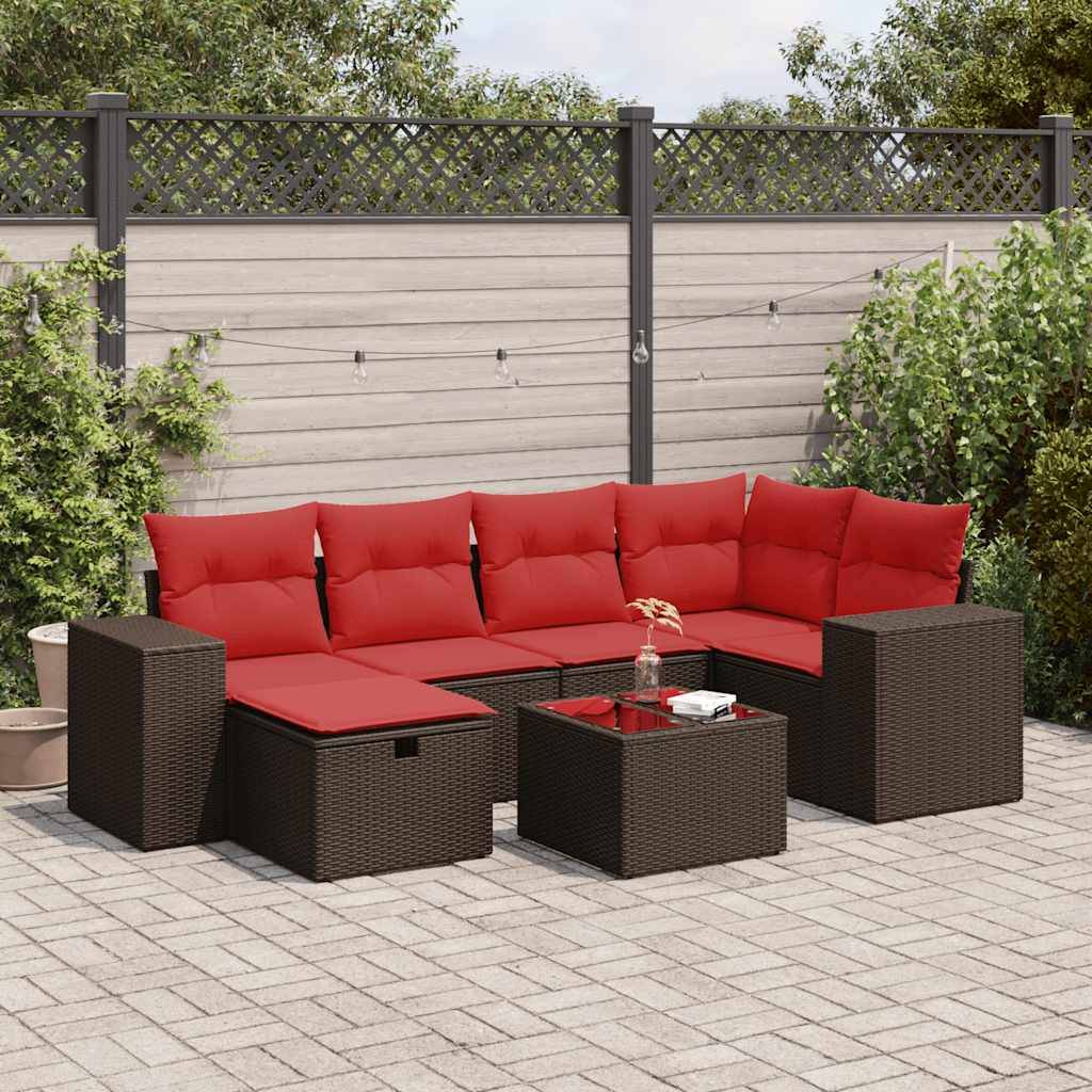 vidaXL 7-tlg. Garten-Sofagarnitur mit Kissen Braun Poly Rattan