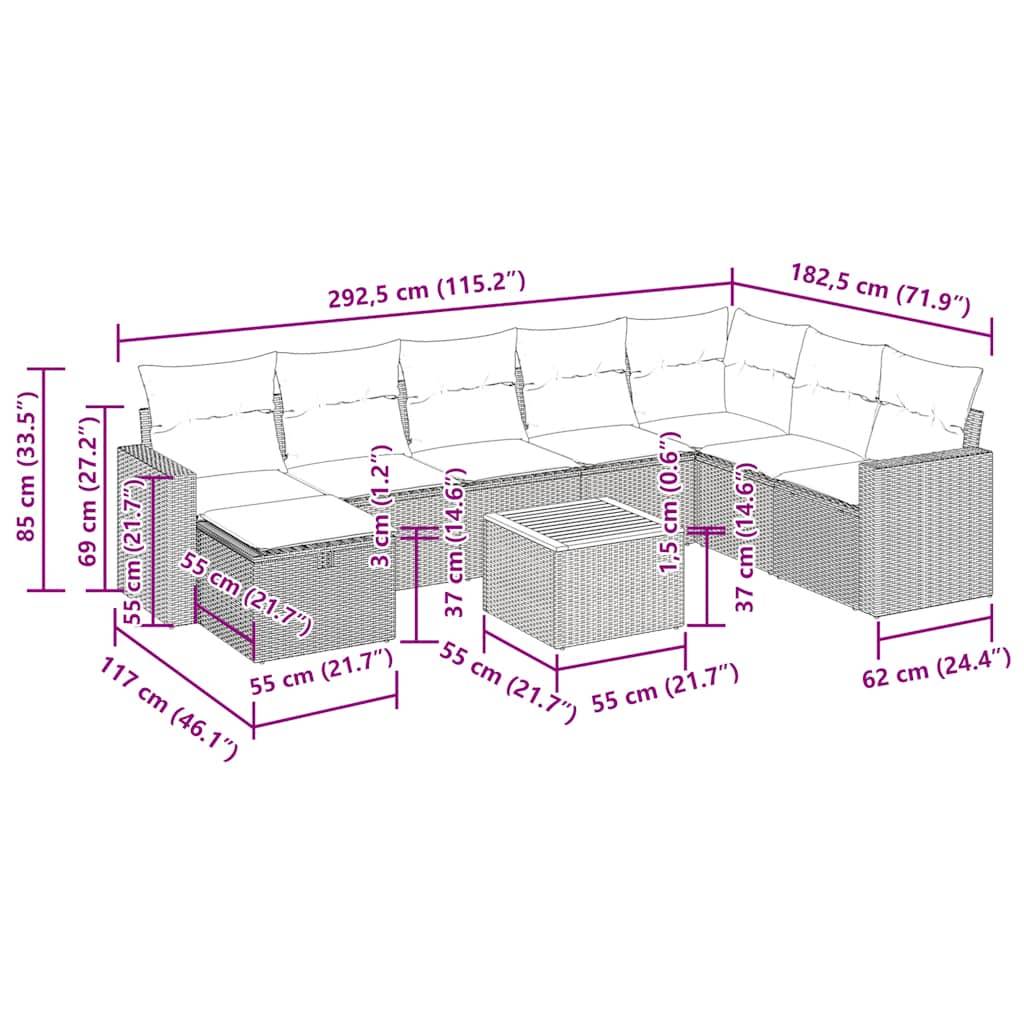 vidaXL 9-tlg. Garten-Sofagarnitur mit Kissen Grau Poly Rattan