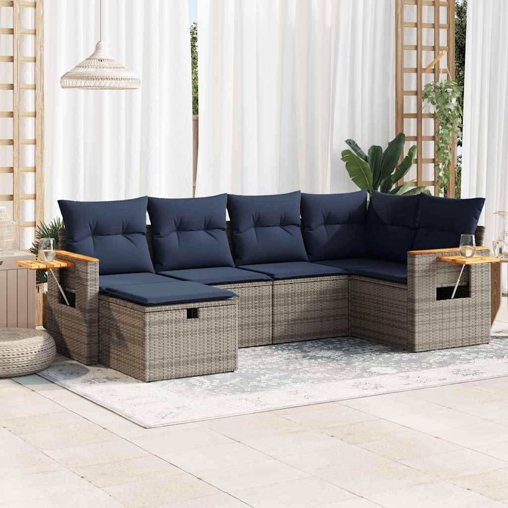 vidaXL 6-tlg. Garten-Sofagarnitur mit Kissen Grau Poly Rattan