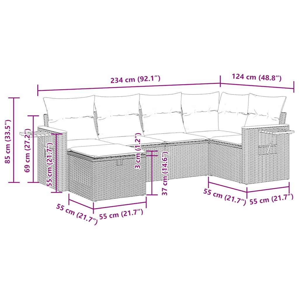 vidaXL 6-tlg. Garten-Sofagarnitur mit Kissen Grau Poly Rattan