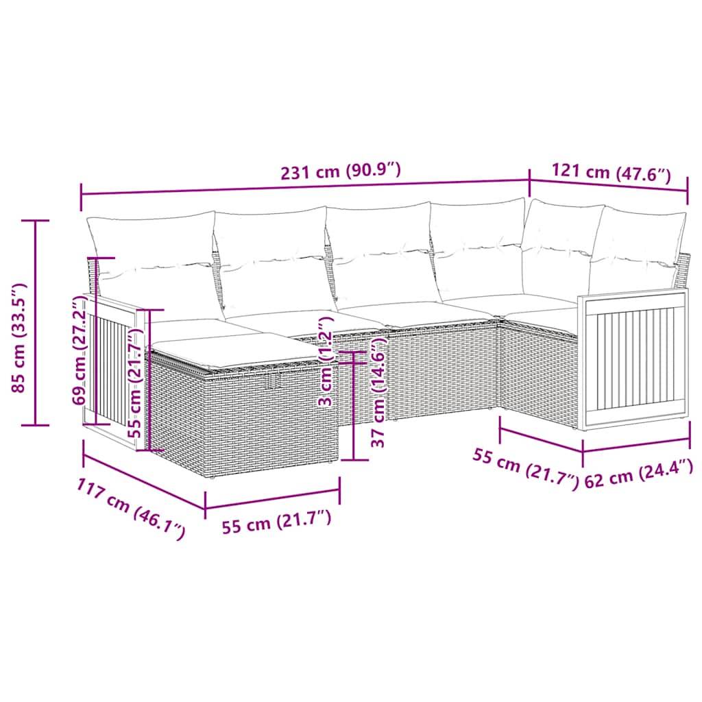 vidaXL 6-tlg. Garten-Sofagarnitur mit Kissen Grau Poly Rattan