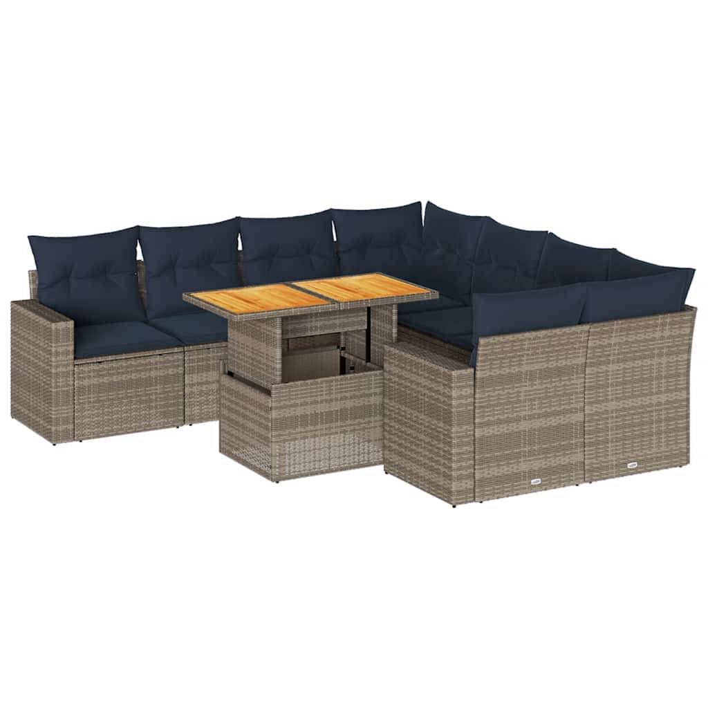 vidaXL 9-tlg. Garten-Sofagarnitur mit Kissen Grau Poly Rattan