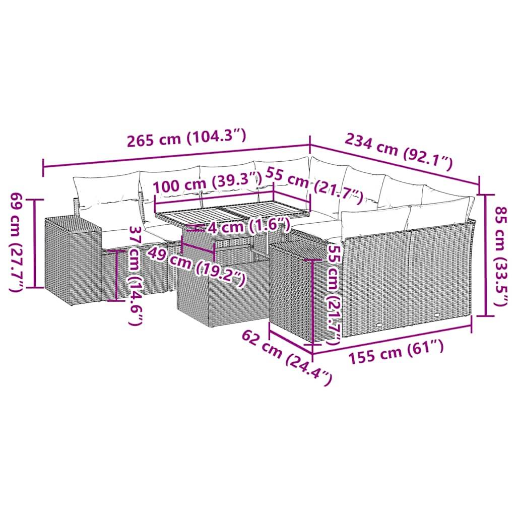 vidaXL 9-tlg. Garten-Sofagarnitur mit Kissen Grau Poly Rattan