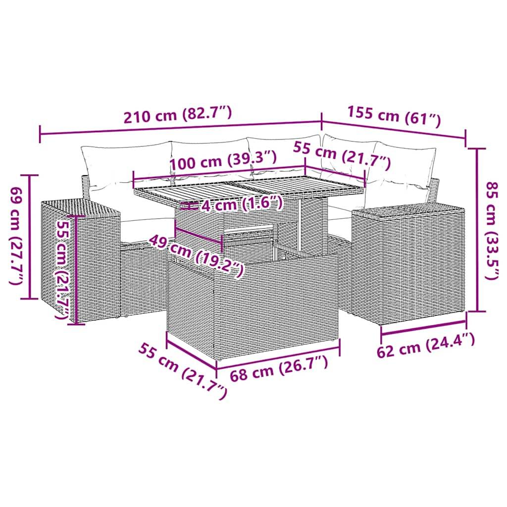 vidaXL 5-tlg. Garten-Sofagarnitur mit Kissen Schwarz Poly Rattan