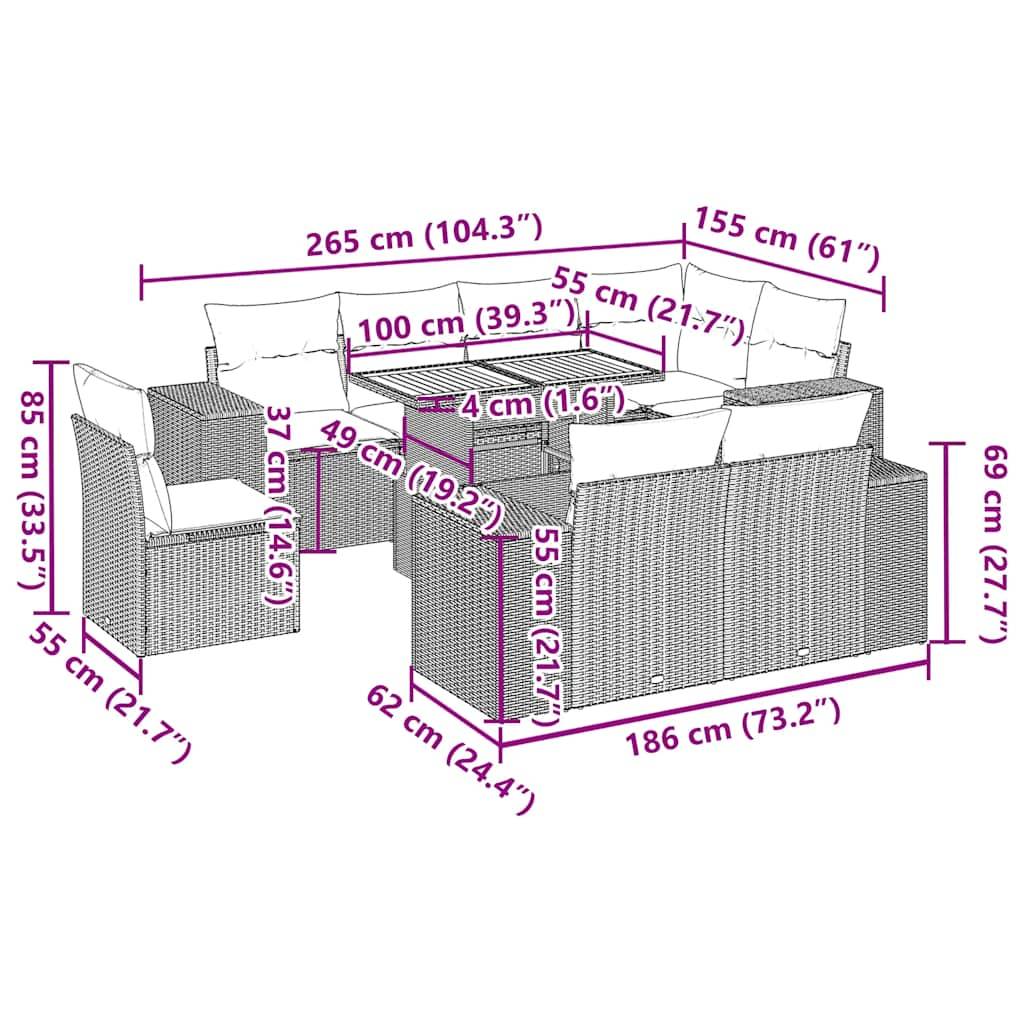 vidaXL 9-tlg. Garten-Sofagarnitur mit Kissen Grau Poly Rattan
