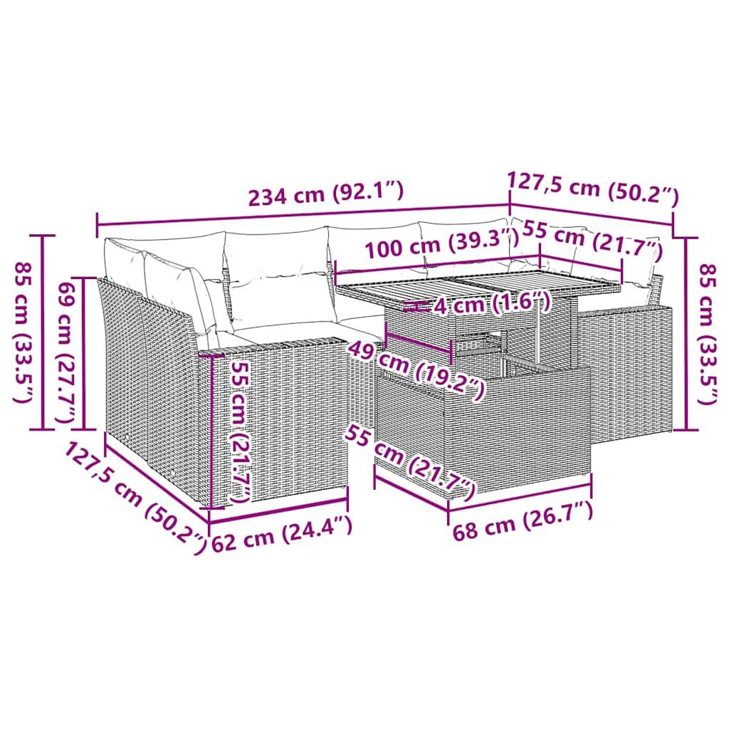vidaXL 7-tlg. Garten-Sofagarnitur mit Kissen Grau Poly Rattan