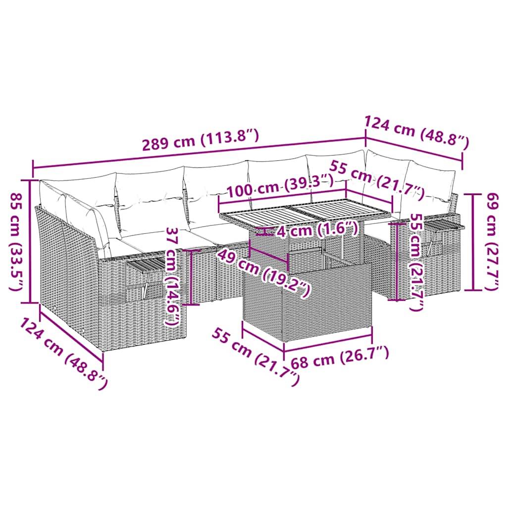 vidaXL 8-tlg. Garten-Sofagarnitur mit Kissen Grau Poly Rattan