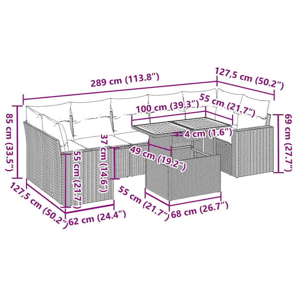 vidaXL 8-tlg. Garten-Sofagarnitur mit Kissen Grau Poly Rattan