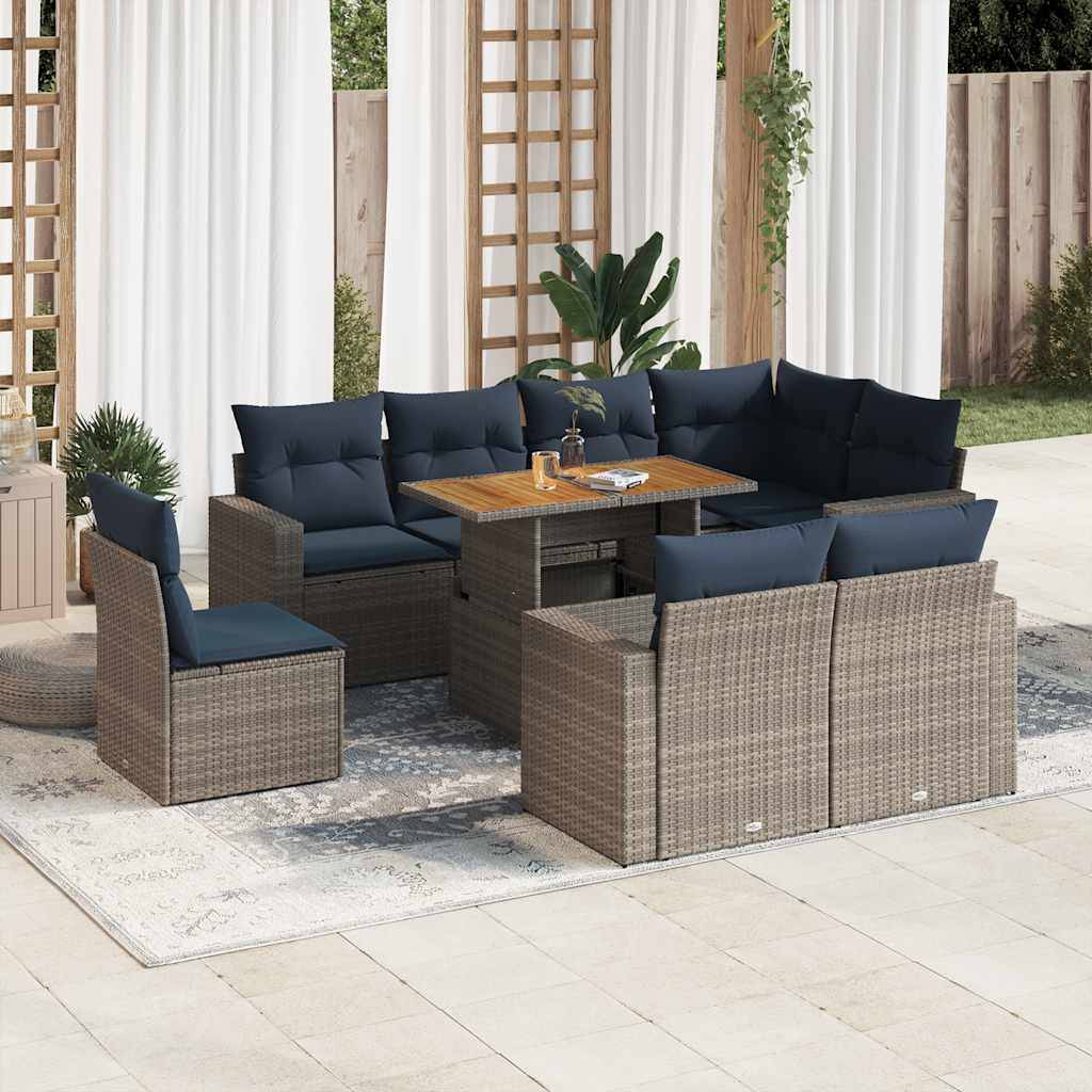 vidaXL 9-tlg. Garten-Sofagarnitur mit Kissen Grau Poly Rattan