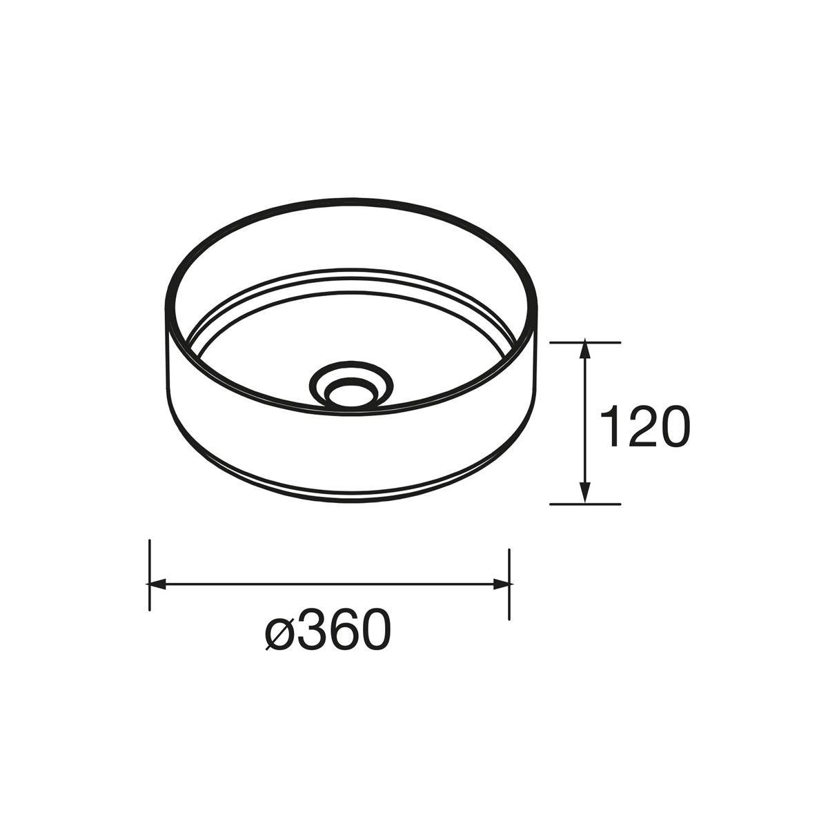 Technische Zeichnung eines runden Waschbeckens oder Spülbeckens mit Abmessungen: 360 mm Durchmesser und 120 mm Höhe.