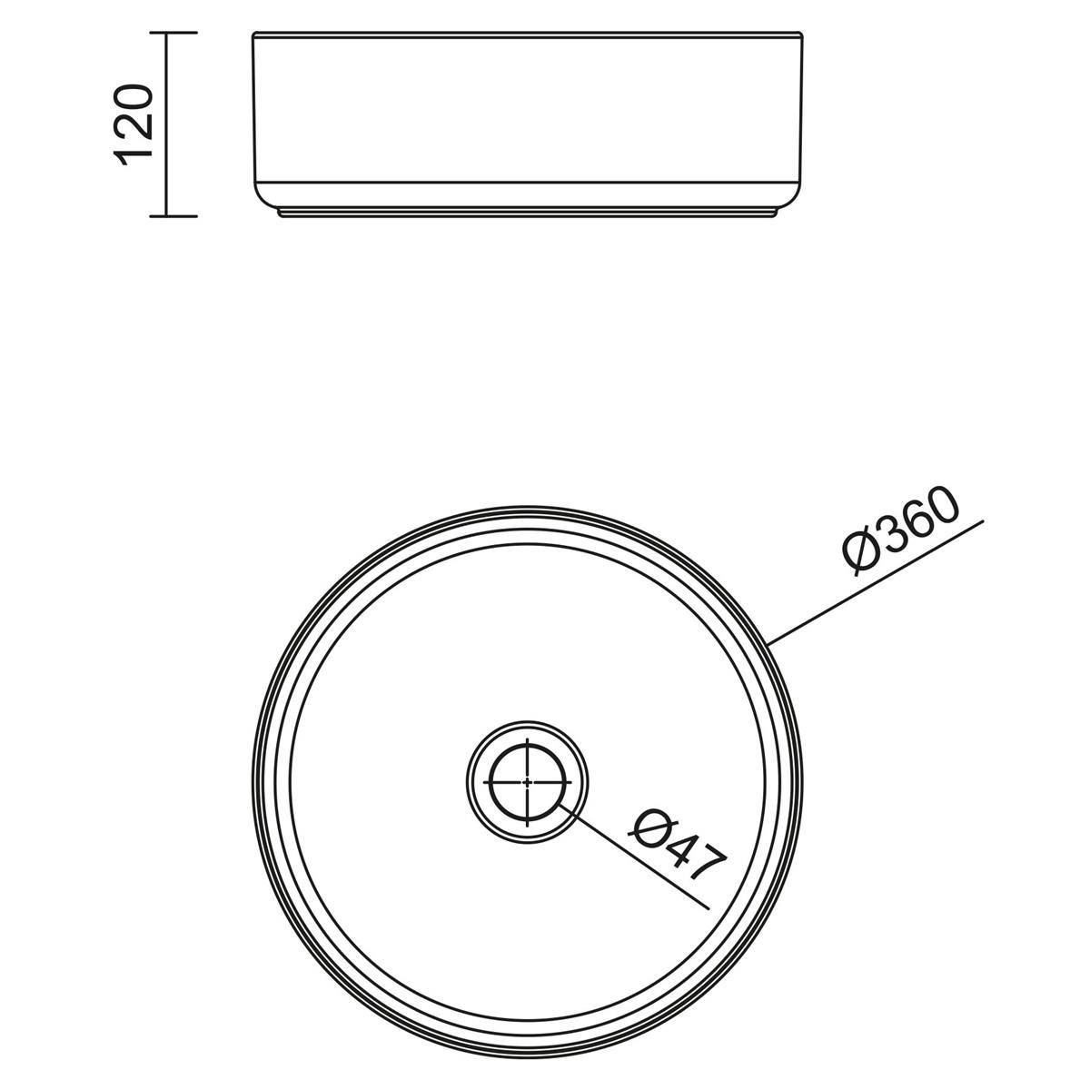 Technische Zeichnung eines runden Objekts: Die Draufsicht zeigt einen Durchmesser von 360 mm mit einer Mittelöffnung von 47 mm, und die Seitenansicht zeigt eine Höhe von 120 mm.