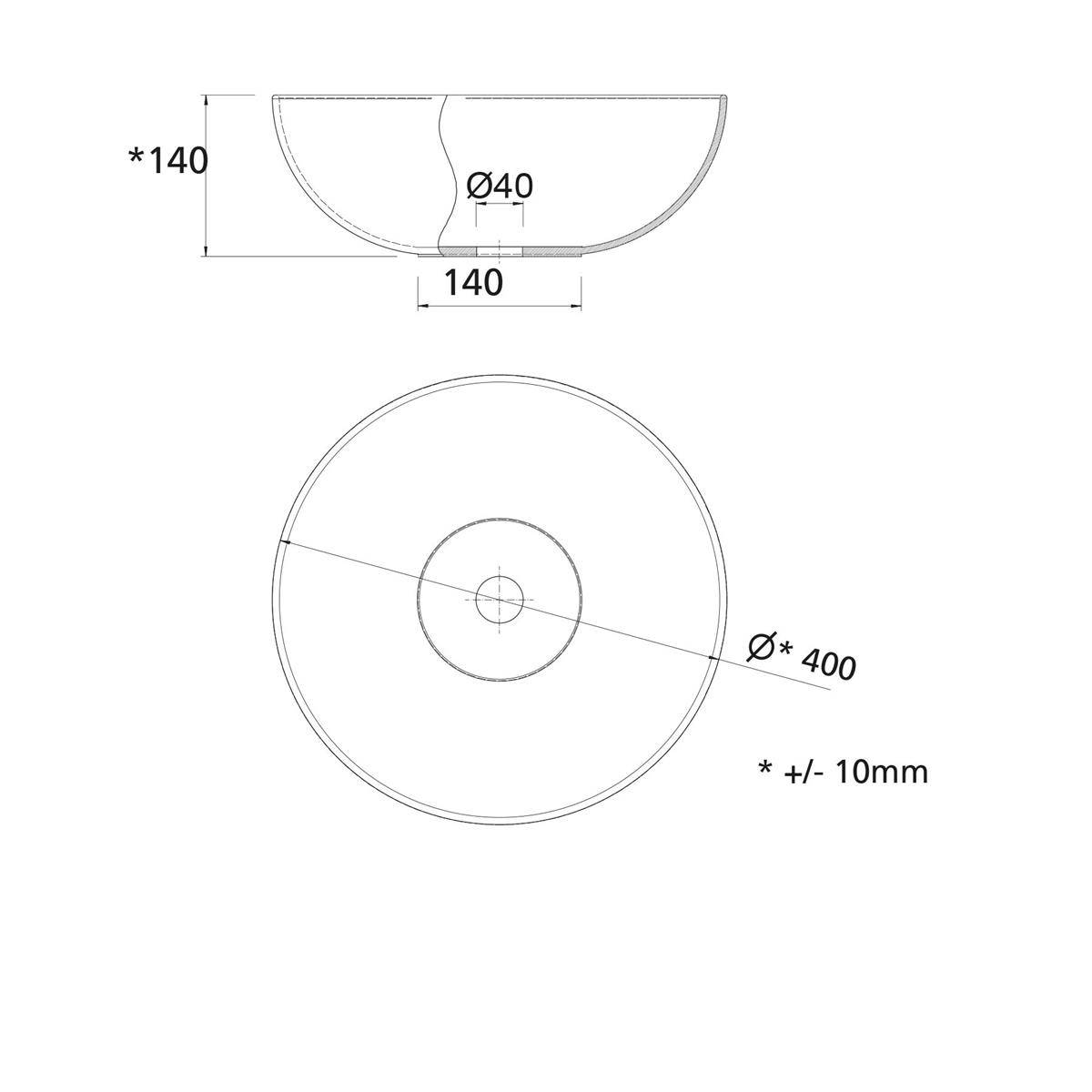 Technische Zeichnung eines kreisförmigen Beckens oder Waschbeckens mit den folgenden Abmessungen: 140 mm Höhe, 140 mm Breite, 40 mm Öffnung und etwa 400 mm Durchmesser mit +/- 10 mm Toleranz.