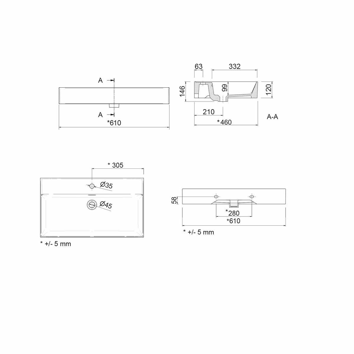 Technische Bemaßungszeichnung eines rechteckigen Spülbeckens oder Beckens mit Draufsicht, Seitenansicht und Schnittansicht, mit Abmessungen von 610, 460, 305, 280 und 35 mm.