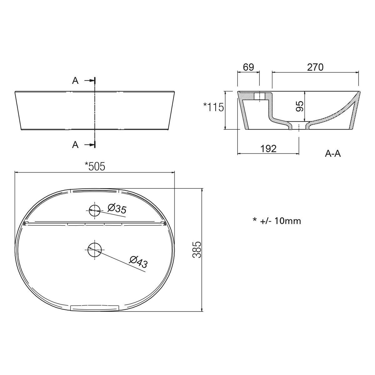 Technische Zeichnung eines ovalen Beckens oder Waschbeckens mit Draufsicht, Seitenansicht und Schnittansicht, die Abmessungen von 505 x 385 mm und Tiefendetails bis zu 115 mm zeigt.