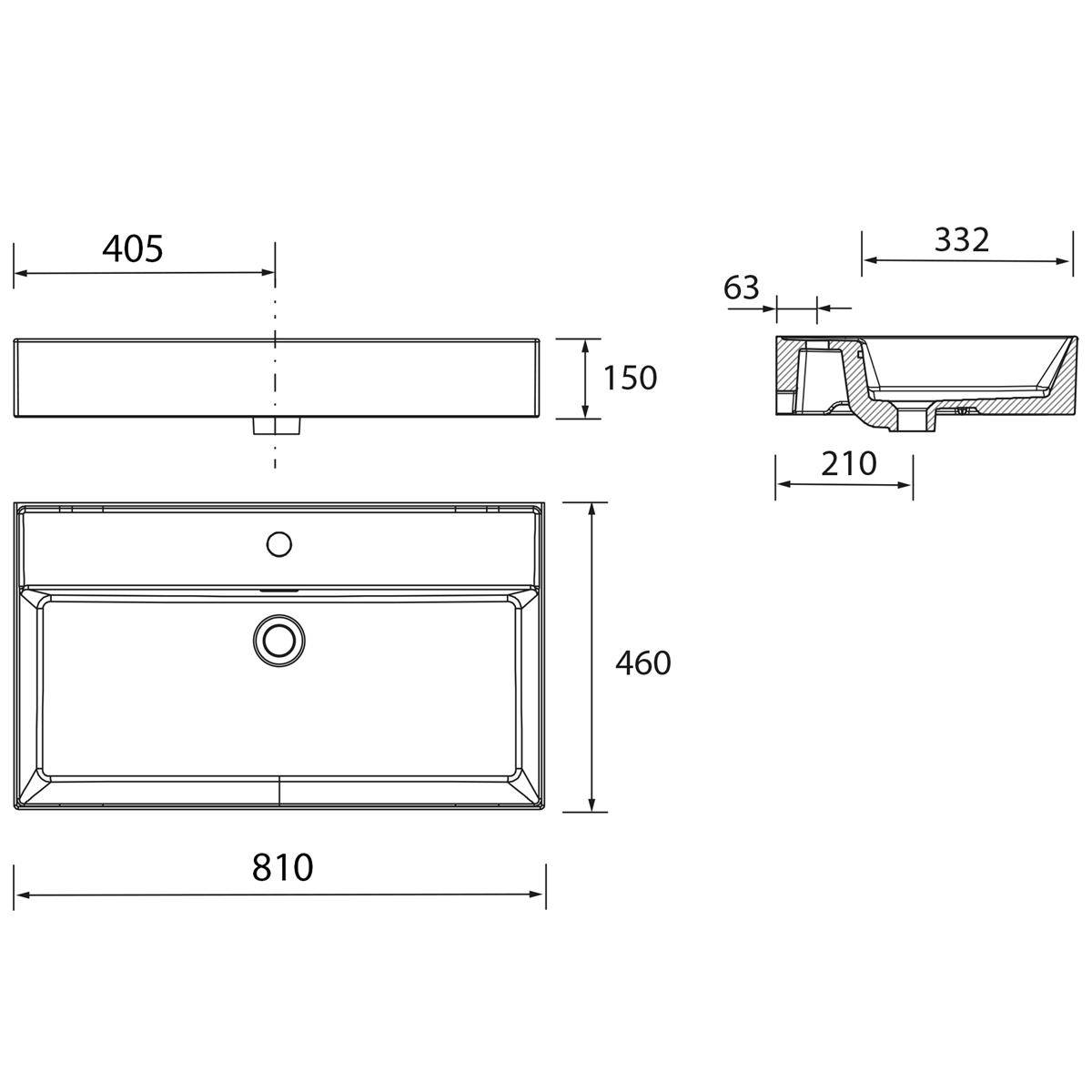Technische Zeichnung eines rechteckigen Waschbeckens mit Front-, Seiten- und Querschnittsansichten, die die Abmessungen 810 x 460 x 150 mm und Tiefendetails 332, 210 und 63 mm zeigen.