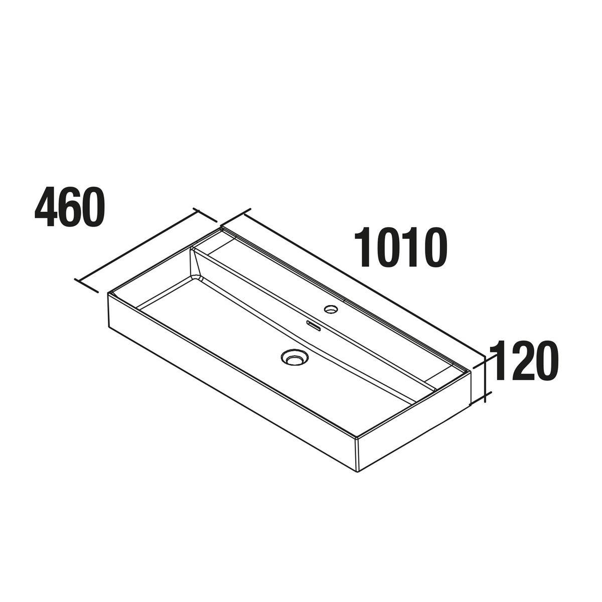 Isometrische technische Zeichnung eines rechteckigen Spülbeckens mit der Bezeichnung 1010 x 460 x 120, mit Abmessungen und Abflusslöchern.