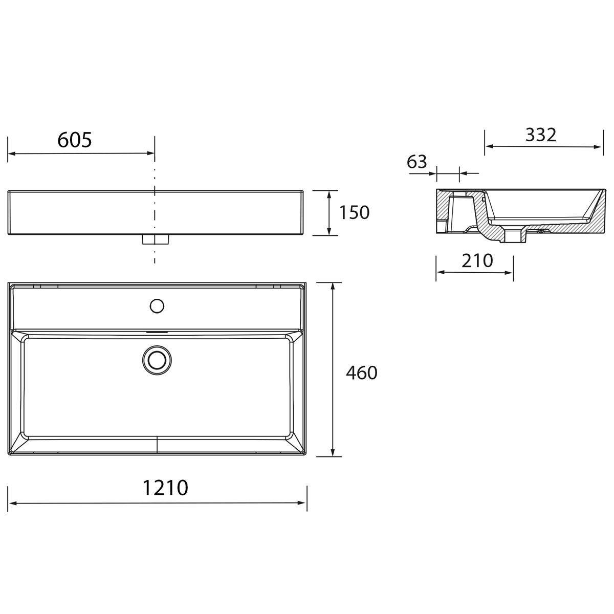 Technische Zeichnung eines rechteckigen Waschbeckens mit Draufsicht, Vorderansicht und Seitenansicht mit den Abmessungen 1210 x 460 x 150 mm und Schnittmaße von 332, 210 und 63 mm.
