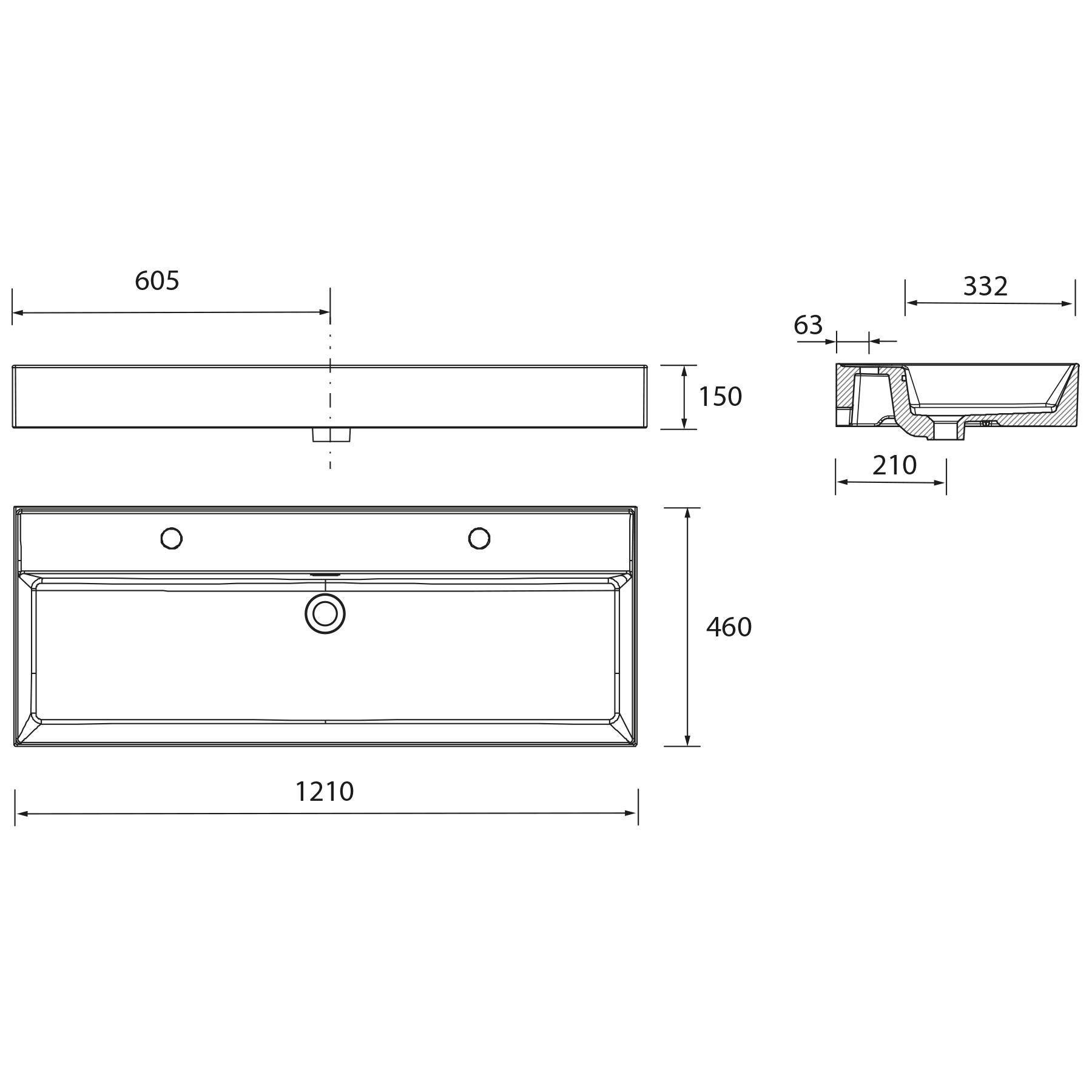 Waschtisch VENETO 1210 Mit 2 Bohrungen PORZELLAN WEIß 1210 x 120 x 460 mm