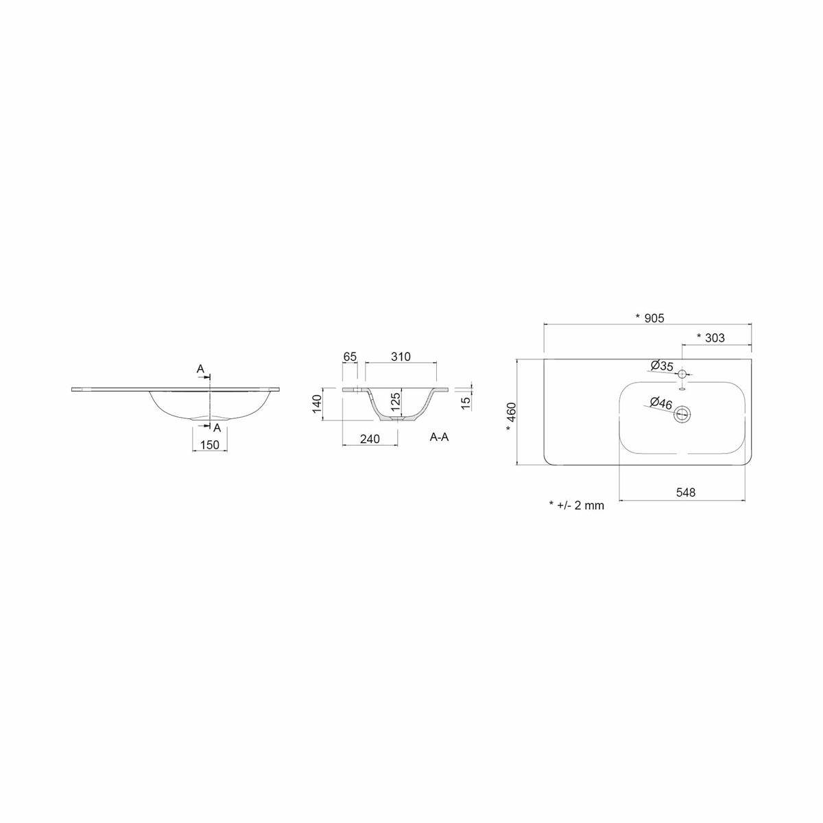Technische Zeichnung eines wandmontierten Waschbeckens mit Vorder-, Querschnitts- und Draufsicht, mit Abmessungen von 905 x 460 mm und Becken-/Abflussöffnungen.