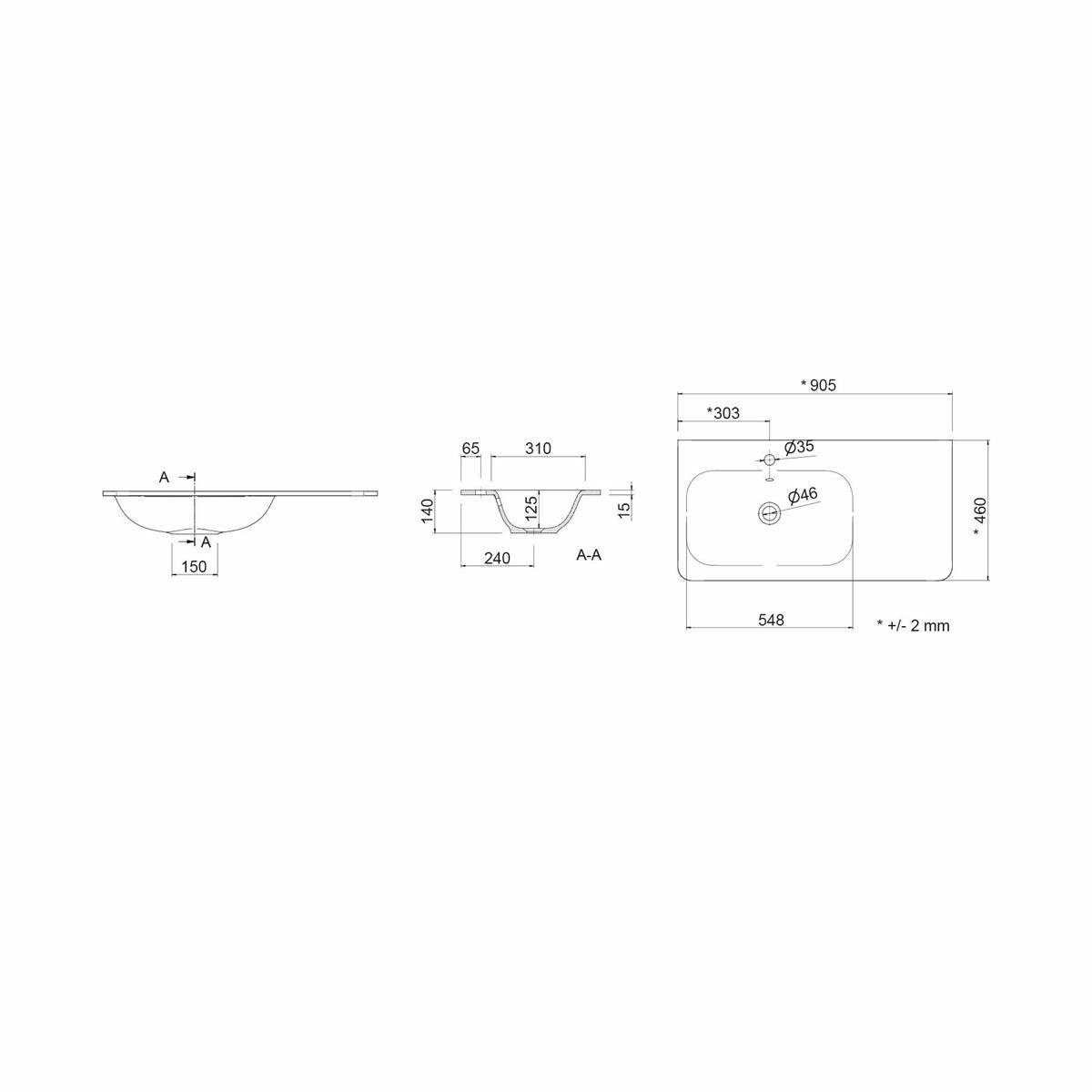 Technische Zeichnung eines rechteckigen Spülbeckens mit linksseitigem Becken, mit Draufsicht und Querschnittsansicht sowie Abmessungen von 905 x 480 mm.