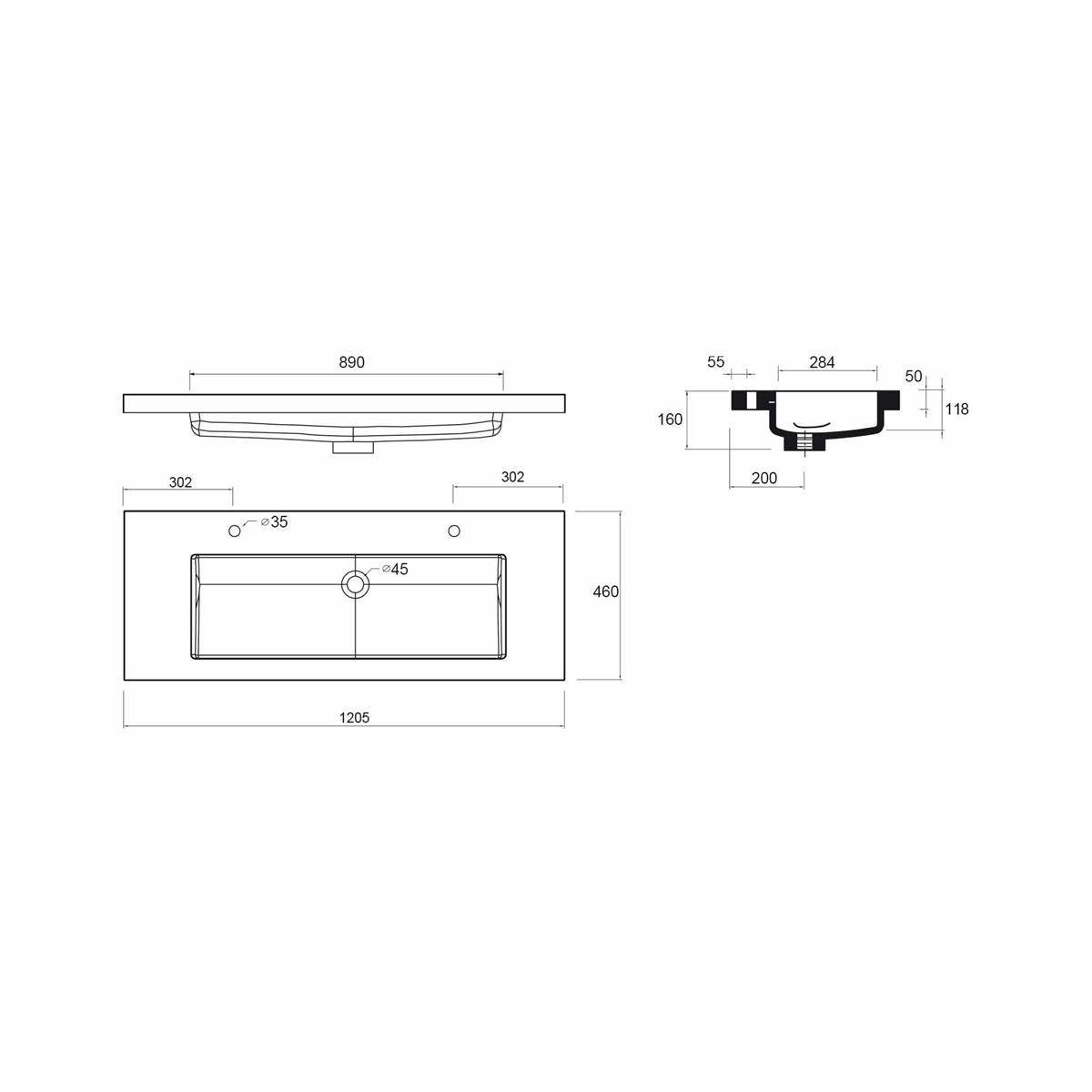Technische Linienzeichnung eines rechteckigen Spülbeckens mit Draufsicht, Vorderansicht und Seitenansicht mit Abmessungen, einschließlich der Gesamtgröße von 1205 x 460 mm und der Positionen der Abflussöffnungen.