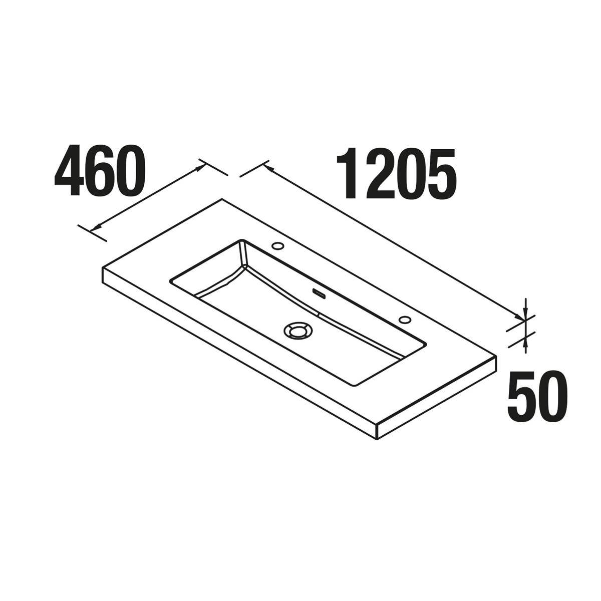 Isometrische technische Zeichnung eines rechteckigen Spülbeckens mit den Abmessungen 1205 mm Länge, 460 mm Breite und 50 mm Höhe.