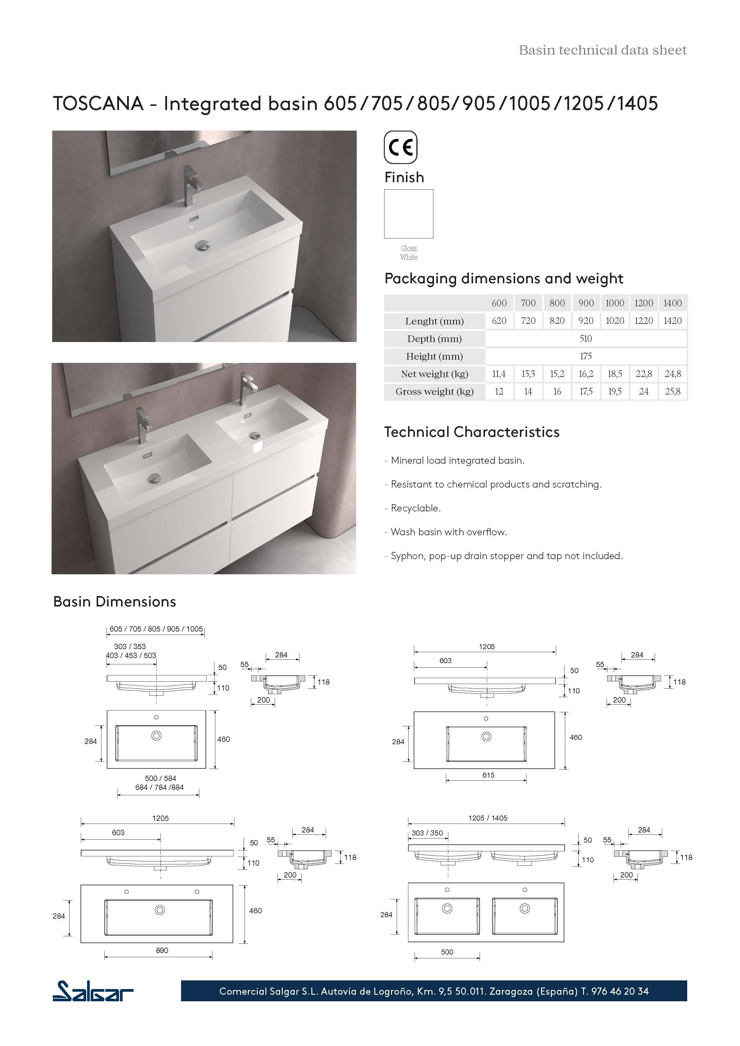 Salgar Waschtisch TOSCANA 905 MINERALGUSS WEIß 905 x 50 x 460 mm