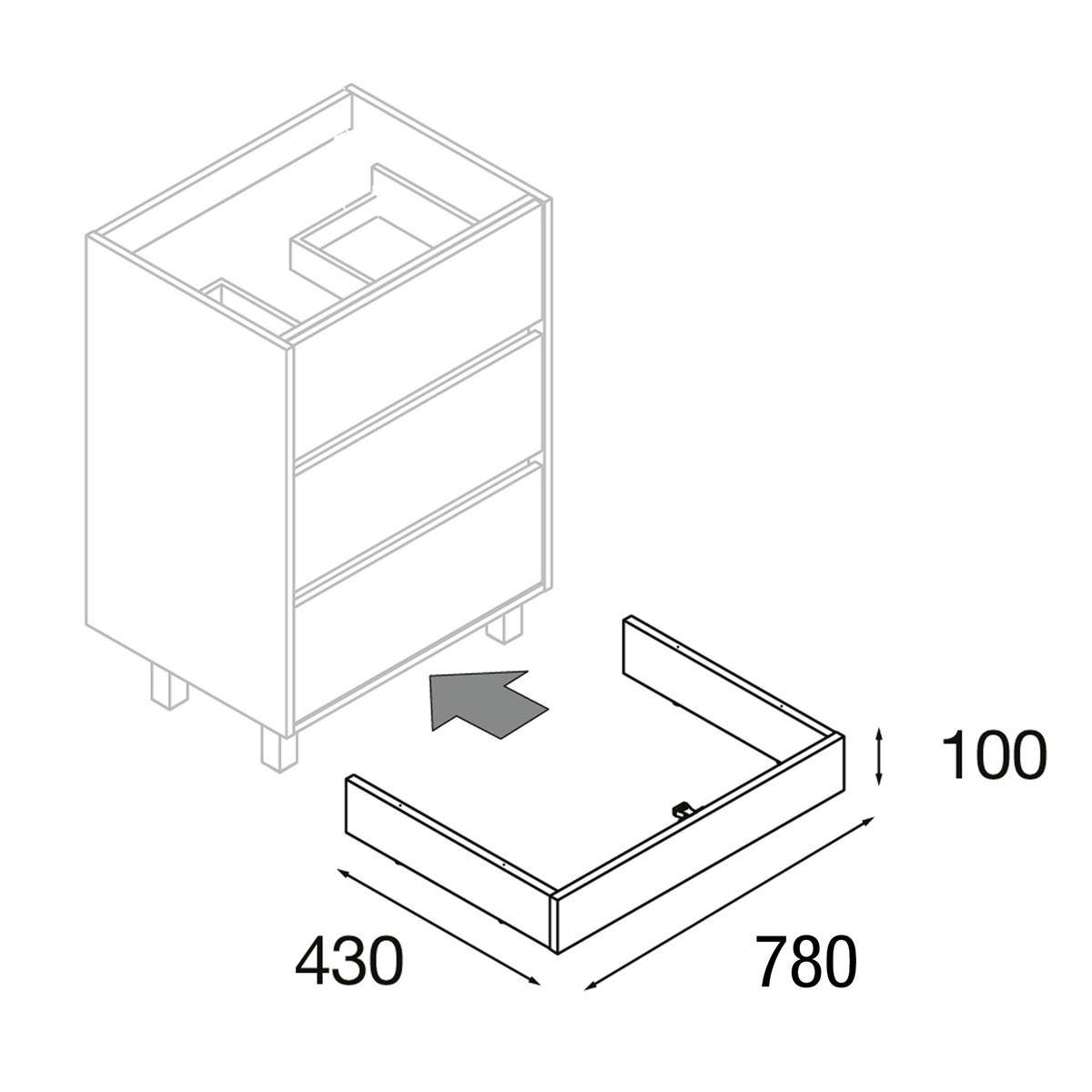 Montagediagramm eines Schranksockel-/Rahmenbauteils, das ein rechteckiges Stützpaneel und Abmessungen von 430 x 780 x 100 mm zeigt, mit einem Pfeil, der die Installation unter dem Schrank anzeigt.