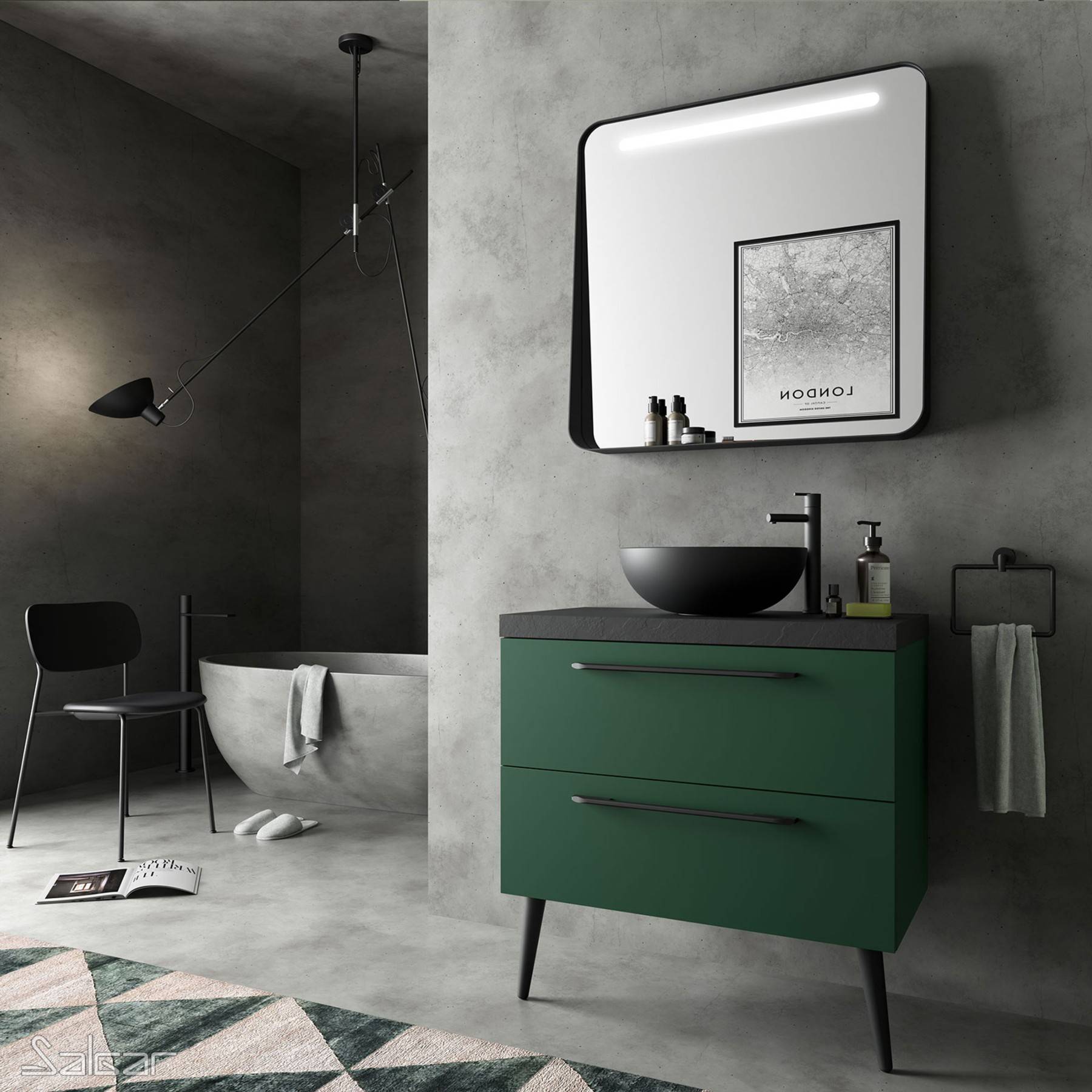 Waschschale LOKUM Porzellan matt schwarz ohne Siphon und Clickerabfluss Ø 380 x 140 mm