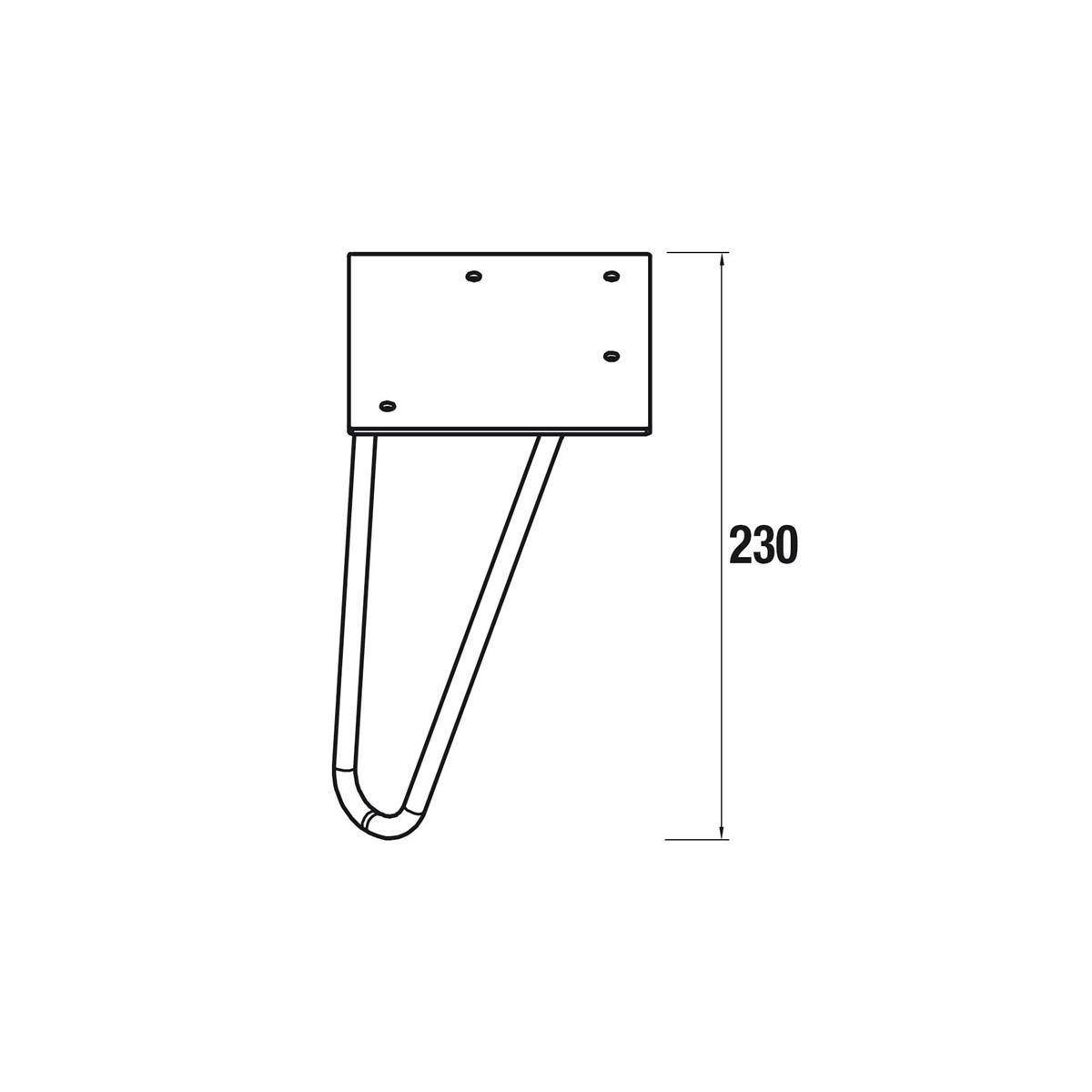 Technische Strichzeichnung einer Metallhalterung oder Stütze mit einer Deckplatte und schräg angewinkeltem Bein, mit der Bezeichnung 230 für die Höhe.