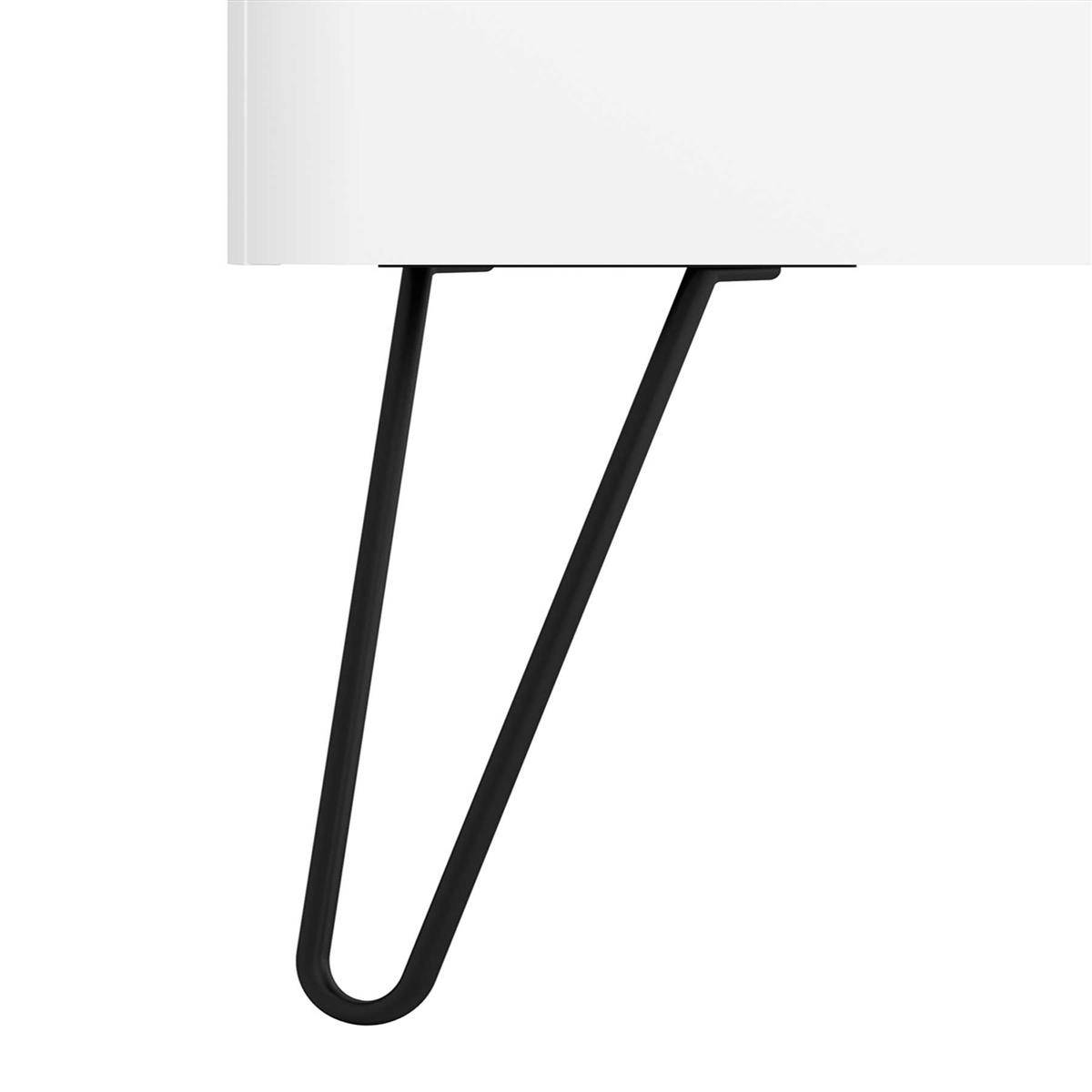 Nahaufnahme einer weißen Tischkante mit einem darunter angebrachten schwarzen Metallhaarnadelbein, das das Möbelstützdesign zeigt.