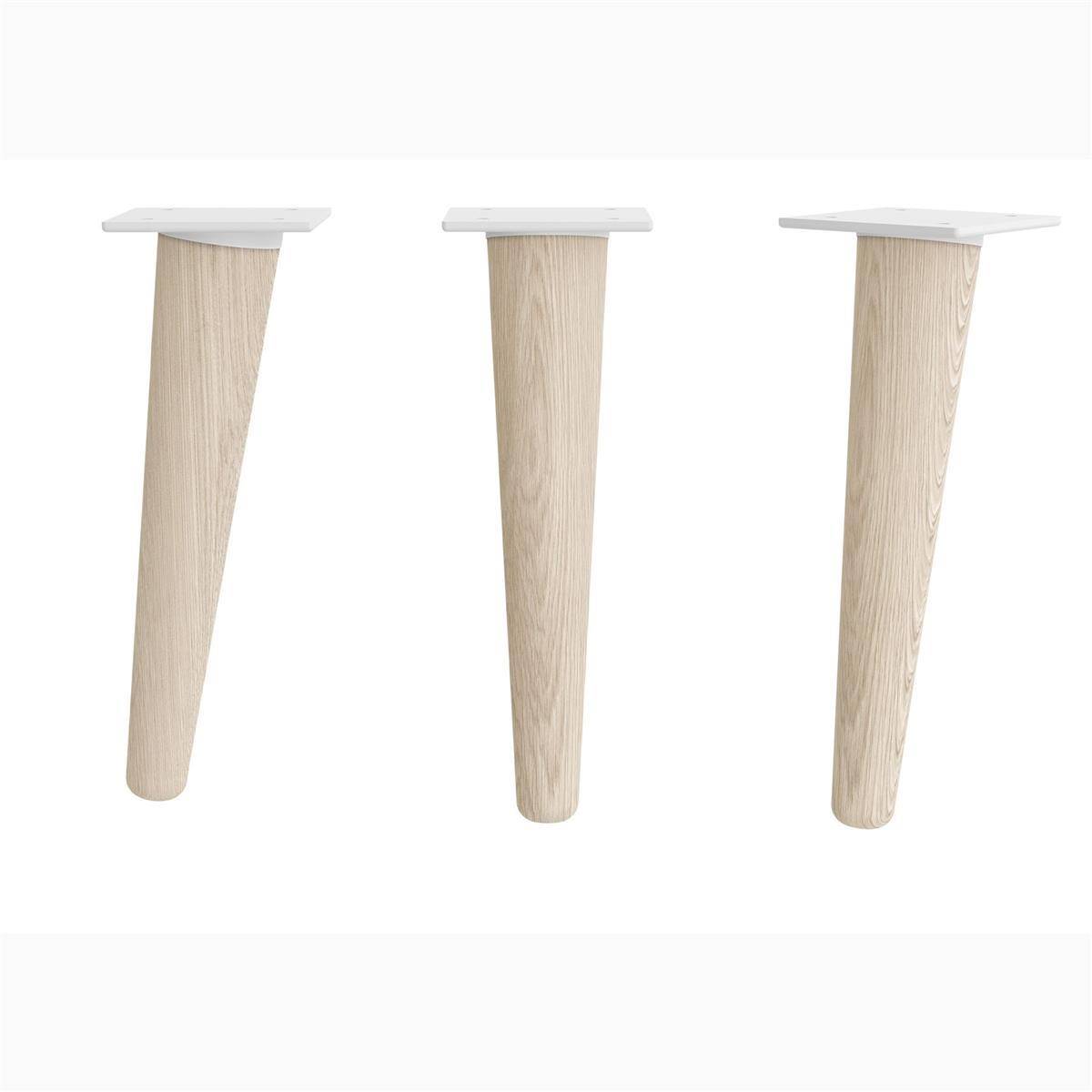 Drei helle Holzmöbelbeine mit konischer Form und weißen Montageplatte, von verschiedenen Winkeln auf weißem Hintergrund dargestellt.