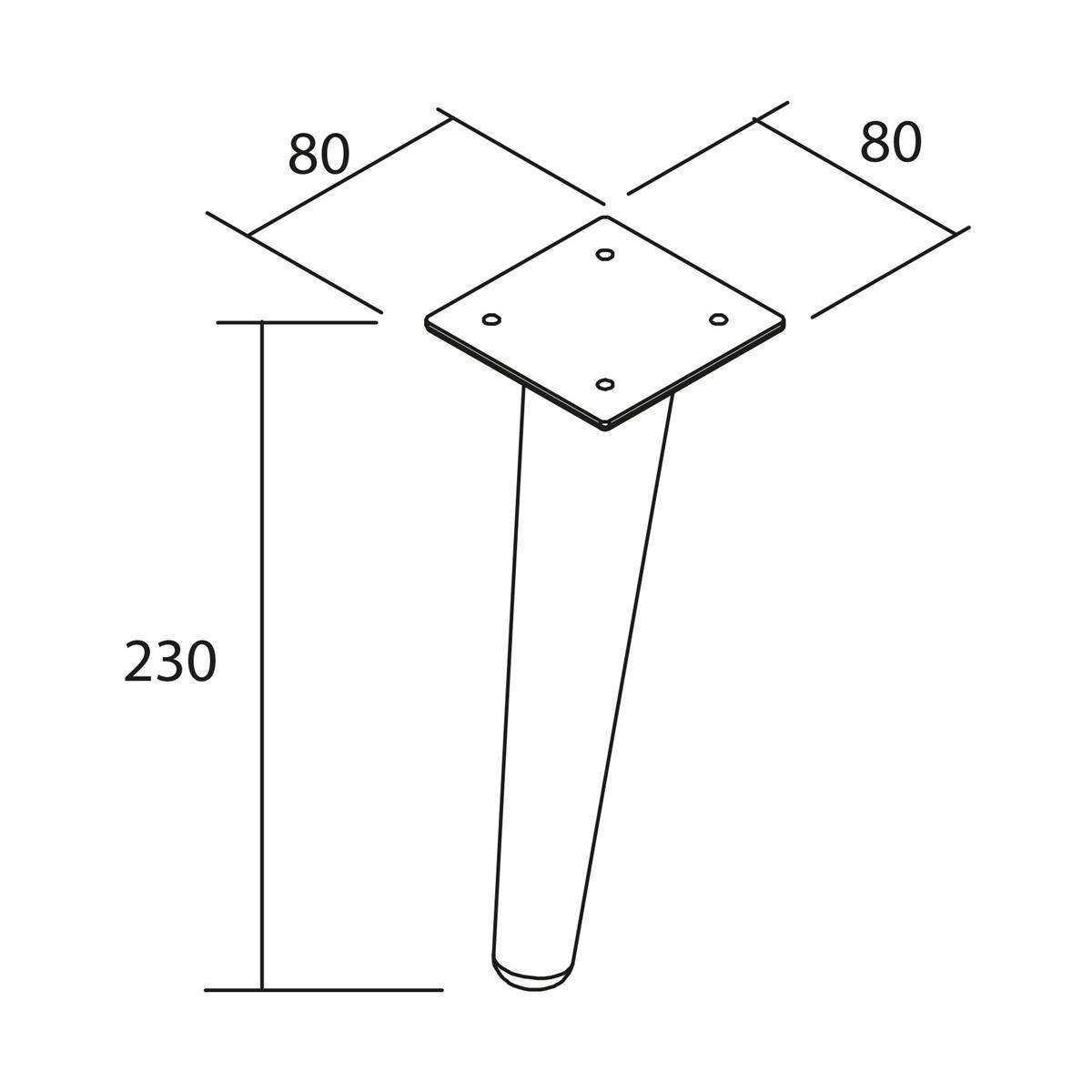 Technische Zeichnung eines konischen Tischbeins mit quadratischer Befestigungsplatte; Abmessungen zeigen 80 x 80 Befestigungsplatte und 230 Höhe.