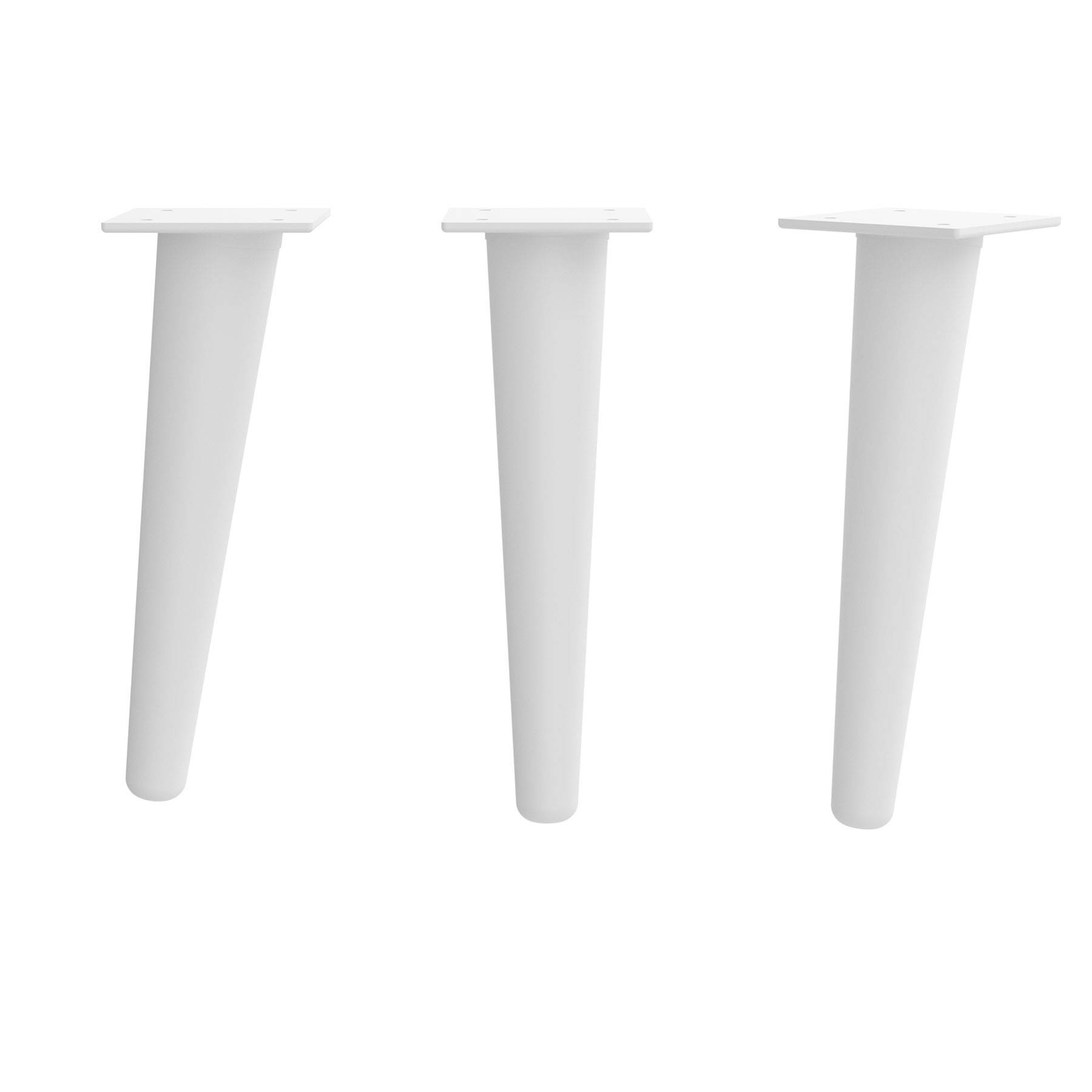 Drei konische weiße Tischbeine mit quadratischen Befestigungen oben, gleichmäßig auf einem einfarbigen Hintergrund verteilt.
